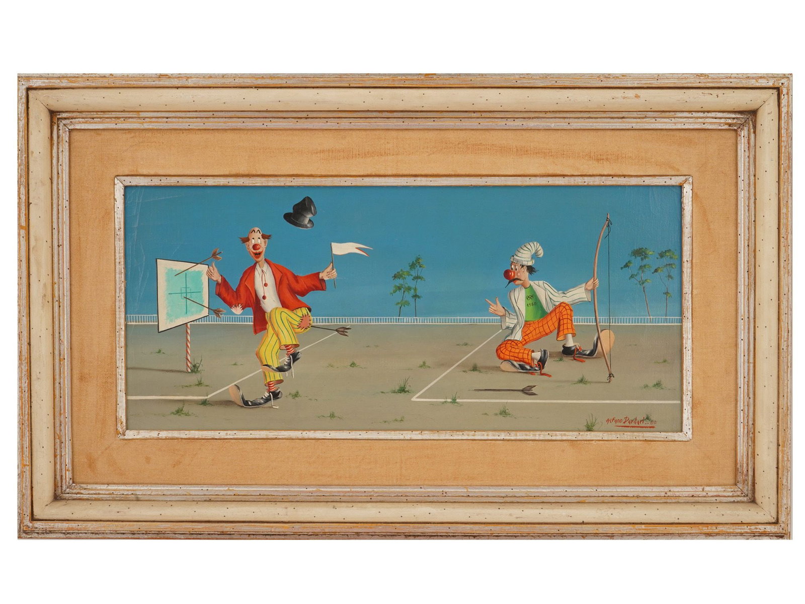 ITALIAN CLOWNS OIL PAINTING SIGNED ALFANO DARDARI: An oil painting on canvas representing a genre scene with two clowns. Signed, Alfano Dardari, and dated 60, in the lower right. Framed. Stamped, on the backside. Alfano Alfredo Dardari, 1924 to 1988, 