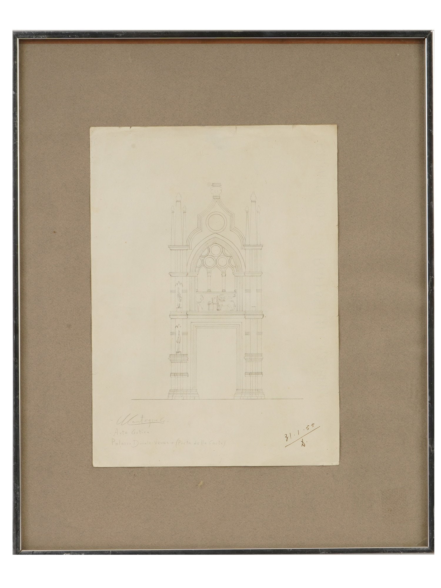 ITALIAN PALACE SKETCH PENCIL PAINTING W WATERMARK: A pencil painting on paper sketch depicting the Porta della Carta Paper Gate, the main entrance to the Doges Palace Palazzo Ducale in Venice. The sketch shows the characteristic pointed arches, Gothic