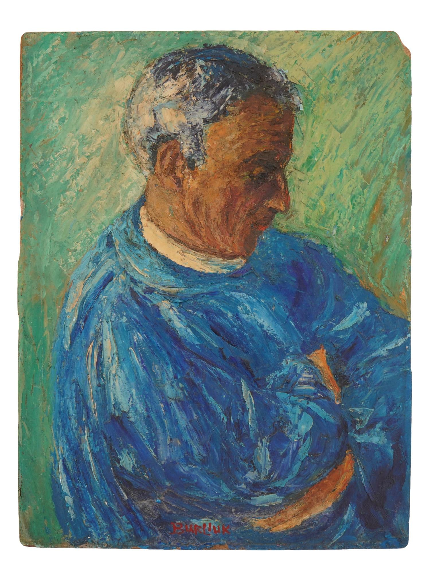 MODERNIST PORTRAIT OIL PAINTING SIGNED DAVID BURLIUK: An oil painting on board depicting a portrait of a man. Signed, Burliuk, lower to the center. David Burliuk, Ukrainian, Russian, American, 1882 to 1967, was an artist, poet, and publicist associated w
