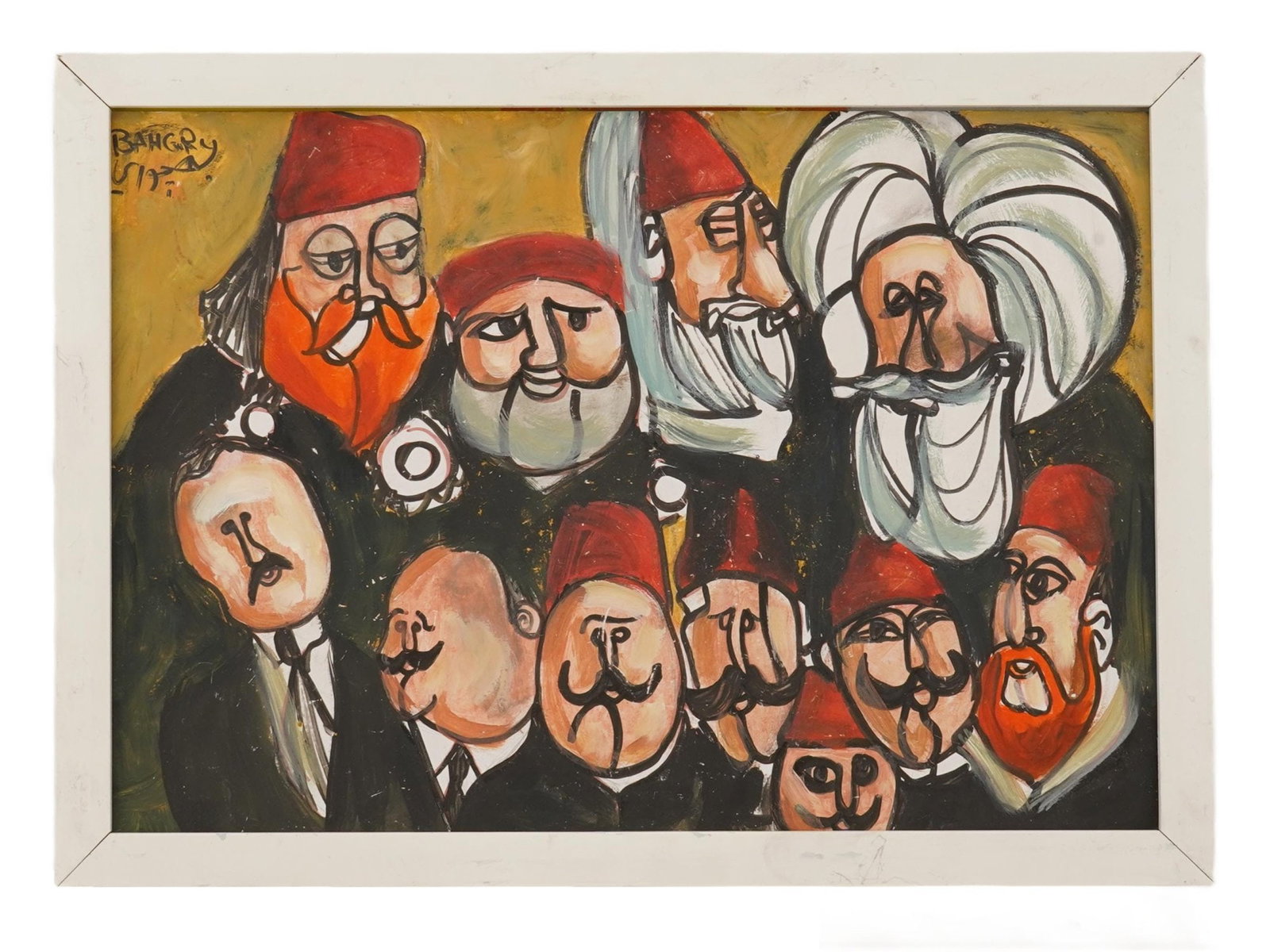 EGYPTIAN GOUACHE PAINTING IN THE STYLE OF GEORGE BAHGORY: A gouache painting on board depicting a group portrait of men painted in the style of Georges Bahgory. Framed. Georges Bahgoury, Egyptian, born 1932, is known for Painting, sculpture, caricatures, pol