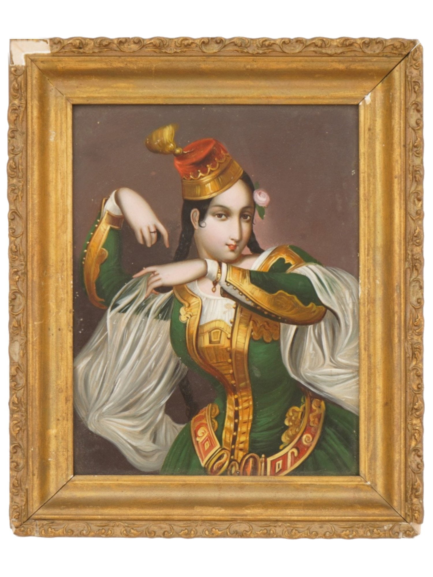 ANTIQUE ORIENTALIST OIL PAINTING ON TIN TURKISH DANCER: An antique orientalist oil painting on tin, depicting a Turkish dancer in elegant green attire, rendered in miniature with exceptional detail and rich color. The composition reflects the periods fasci