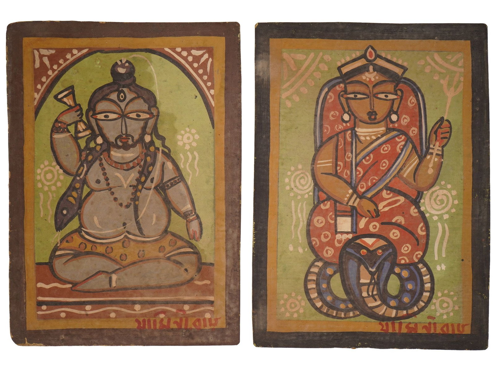 AFTER JAMINI ROY INDIAN HINDUIST TEMPERA PAINTINGS: After Jamini Roy, Indian, 1887 to 1972, pair of tempera paintings on board. Shiva. Monosha. Signature flattened-out style influenced by the Indian bazaar paintings. Signed lower right. Undated. Unfram