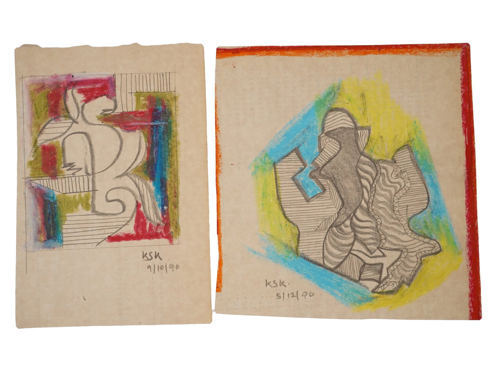 SIGNED K S KULKARNI INDIAN SCHOOL MIX MEDIA PAINTINGS: A pair of Indian School mixed media abstract sketches. Signed KSK and dated 1990 lower left and right. KSK stands for the acronym of the Indian artist and educator K. S. Kulkarni or Krishna Shamrao Ku