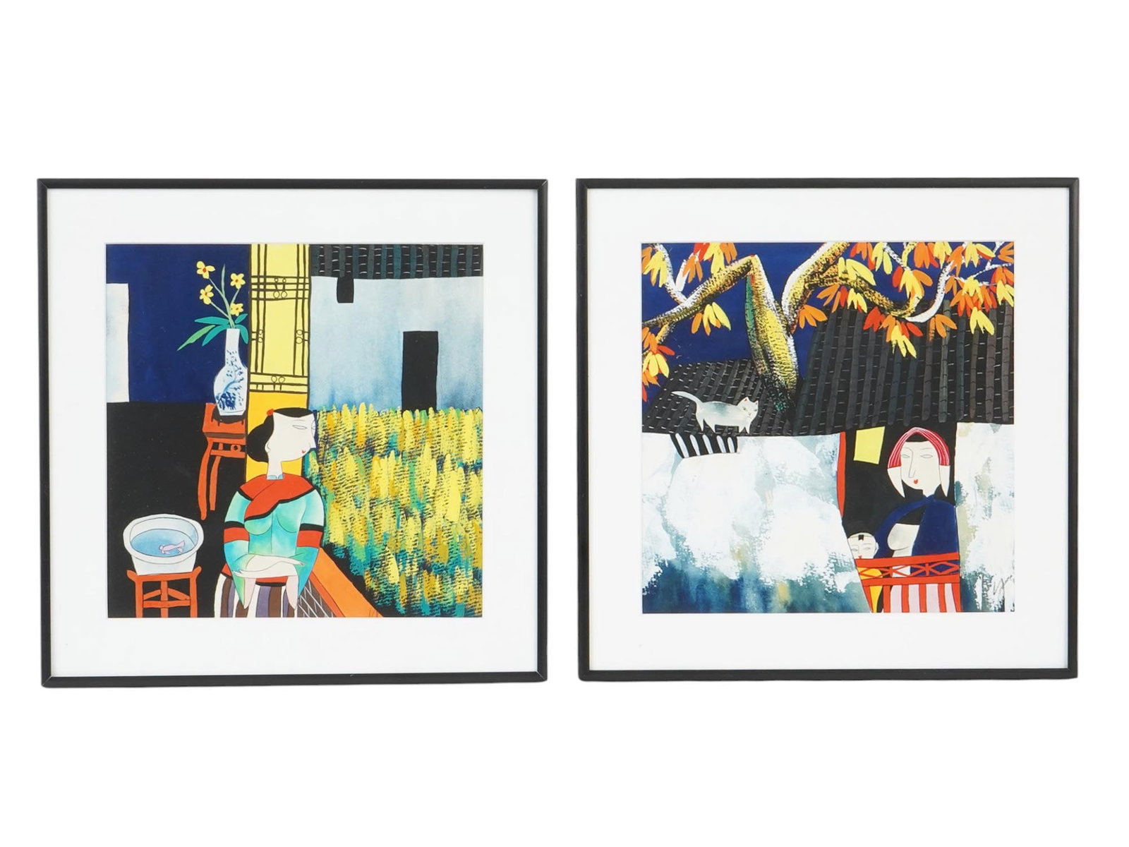 PAIR OF CHINESE MIXED MEDIA PAINTINGS BY GU YUE: Gu Yue, Chinese, 20th century, a pair of mixed media paintings on paper. Watercolor, gouache, and ink. First. A woman looking out of the window. Second. Mother and child in a snow-covered house. Naive