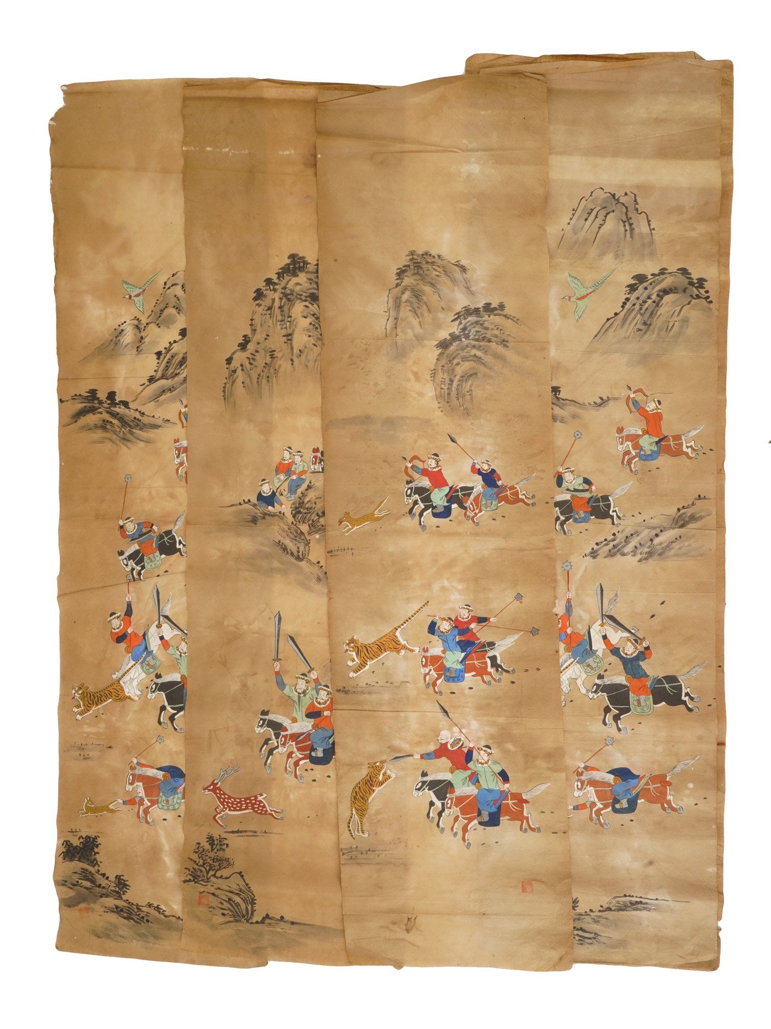 SET 19TH C KOREAN JEOSON TIGER HUNTER PAINTINGS SCROLLS (1 of 14)