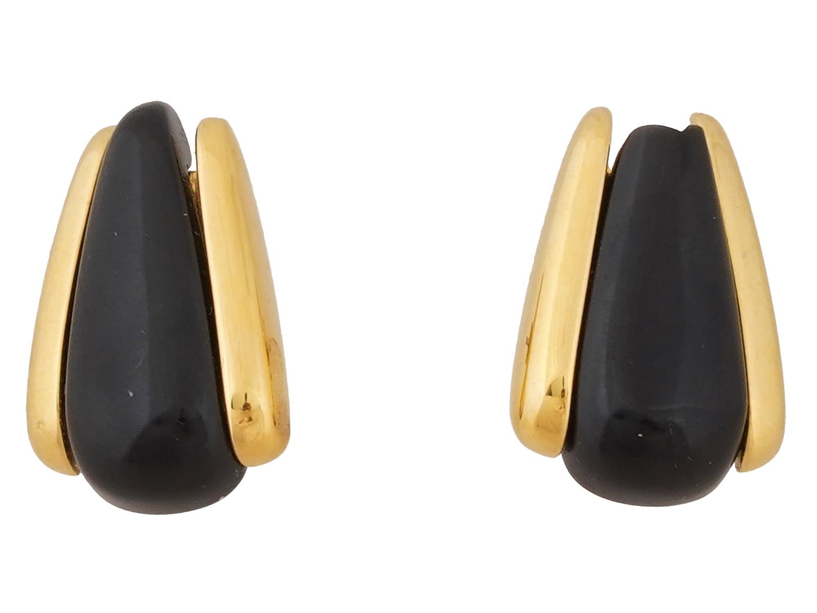 12K GOLD FILLED NAPIER COSTUME JEWELRY EARRINGS: A pair of 12K Gold filled American Napier jewelry earrings. The earrings are made in the Art Deco manner, encrusted with a drop cut black stone to the center. Marked, Napier, and a 2012 K.G.F. hallmar