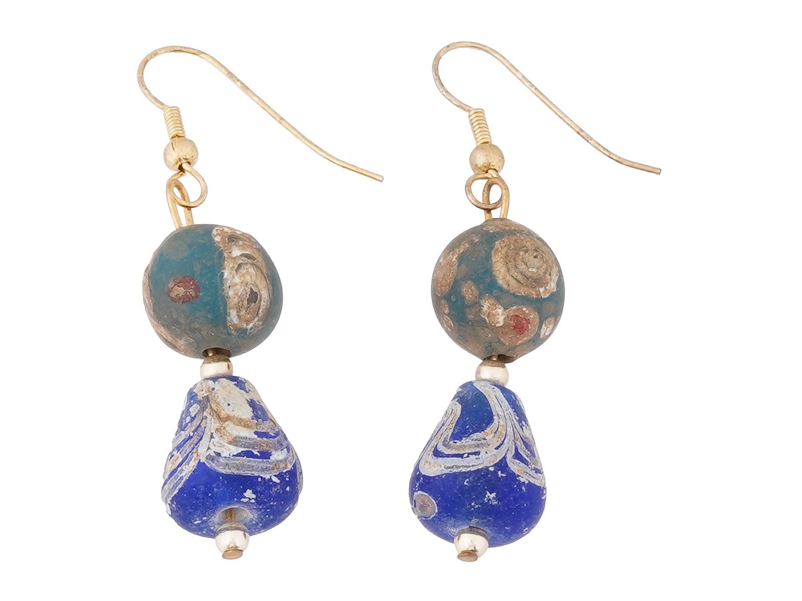 ANCIENT PHOENICIAN MOSAIC GLASS GOLD PLATED EARRINGS: An ancient Phoenician mosaic glass earring dating from 500 to 300 BC, with a modern gold plated setting and hooks. The earrings consist of round and bell mosaic beads of different blue shades. Ancient