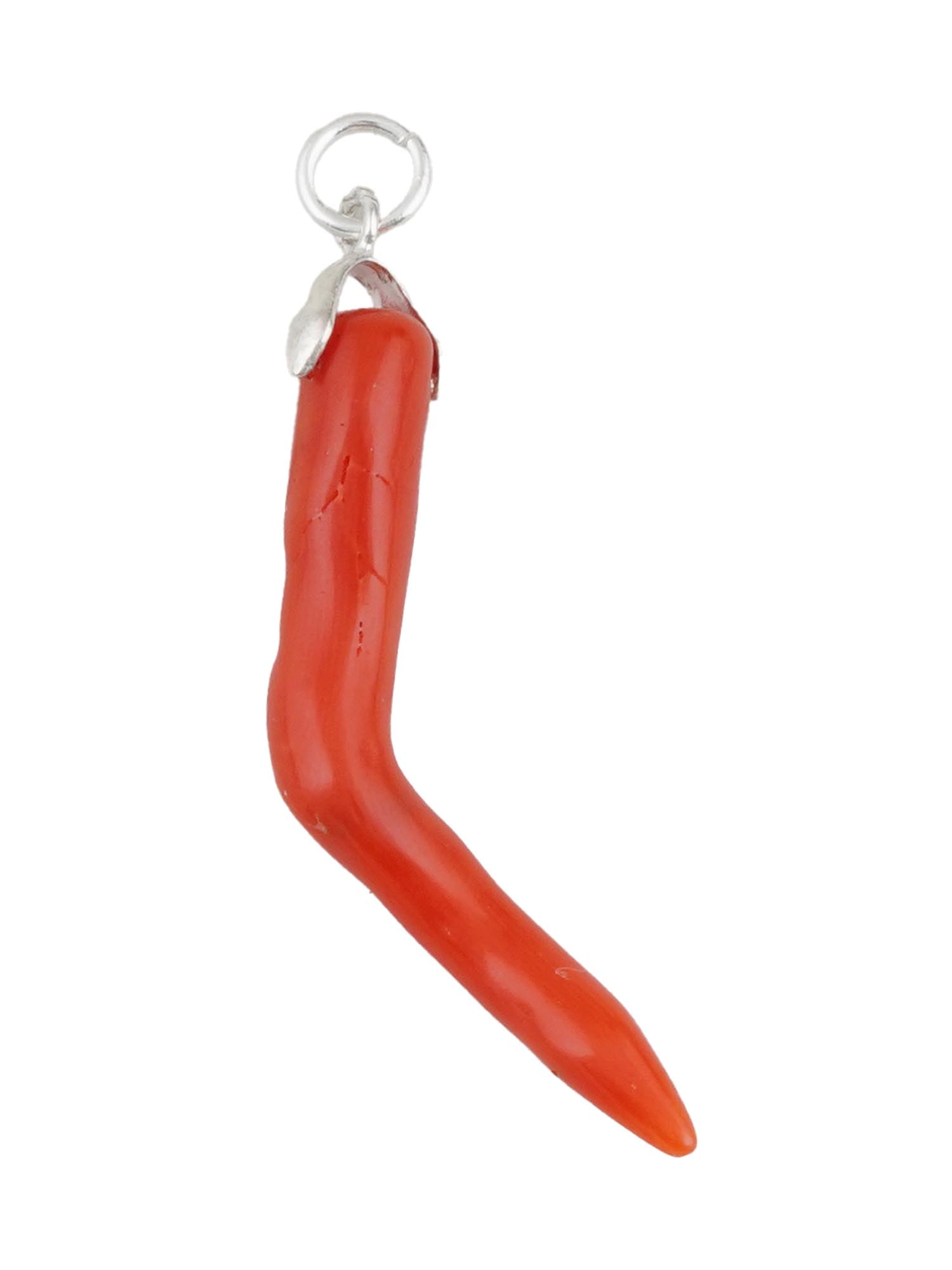 VINTAGE ITALIAN RED CORAL CORNICELLO SILVER PENDANT: A vintage genuine red coral pendant, representing a cornicello, also known as an Italian horn, a symbol of good luck and protection. The pendant is a slightly curved, elongated shape, attached to ster