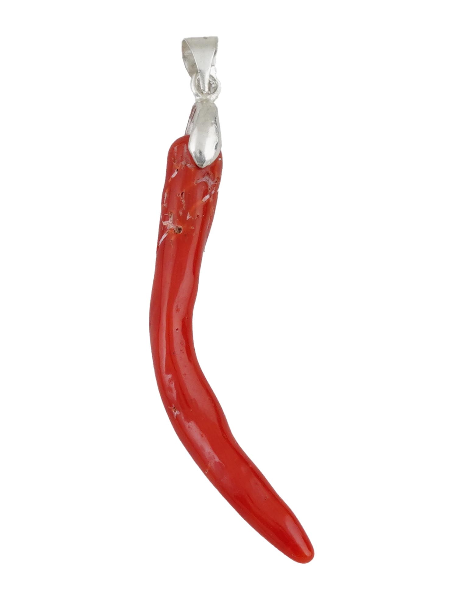 VINTAGE ITALIAN RED CORAL CORNICELLO SILVER PENDANT: A vintage genuine red coral pendant, representing a cornicello, also known as an Italian horn, a symbol of good luck and protection. The pendant is a slightly curved, elongated shape, attached to ster