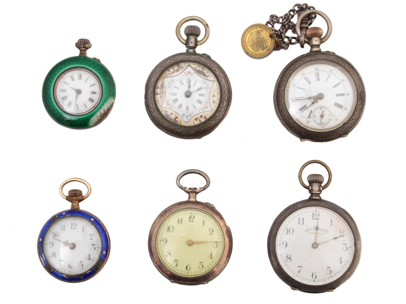 AN ANTIQUE POCKET WATCHES WALTHAM LOUIS JACOT: A lot of six pocket watches.1. An open-face silver pocket watch with white dial with Roman numerals and subdial for second hand, carved back cover, and with an attached badge with engraved building an