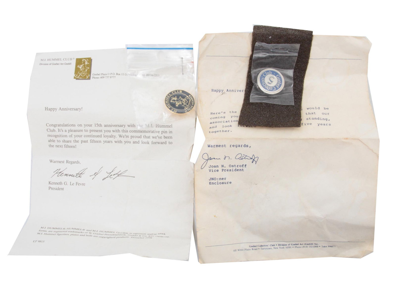 TWO VINTAGE PINS WITH SIGNED DOCUMENTS: The lot includes: M.I. Hummel Club 15 year member pin with a congratulatory letter signed by Club President Kenneth G. Le Fevre and a Goebel Collector's Club 5-year member pin with a congratulatory