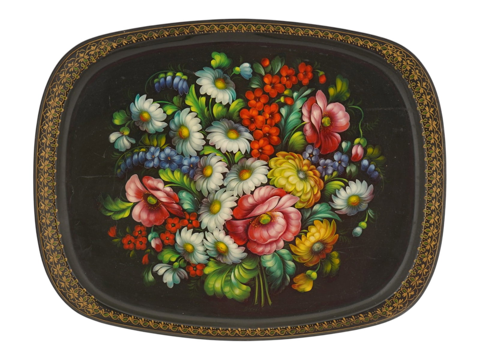 RUSSIAN SOVIET ZHOSTOVO METAL TRAY W FLOWERS 1980: A vintage Russian Zhostovo metal tray made in the USSR. The rectangular tray with soft corners and an image of a lush, multicolored bouquet on a black background. The Zhostovo marking and the Olympic 