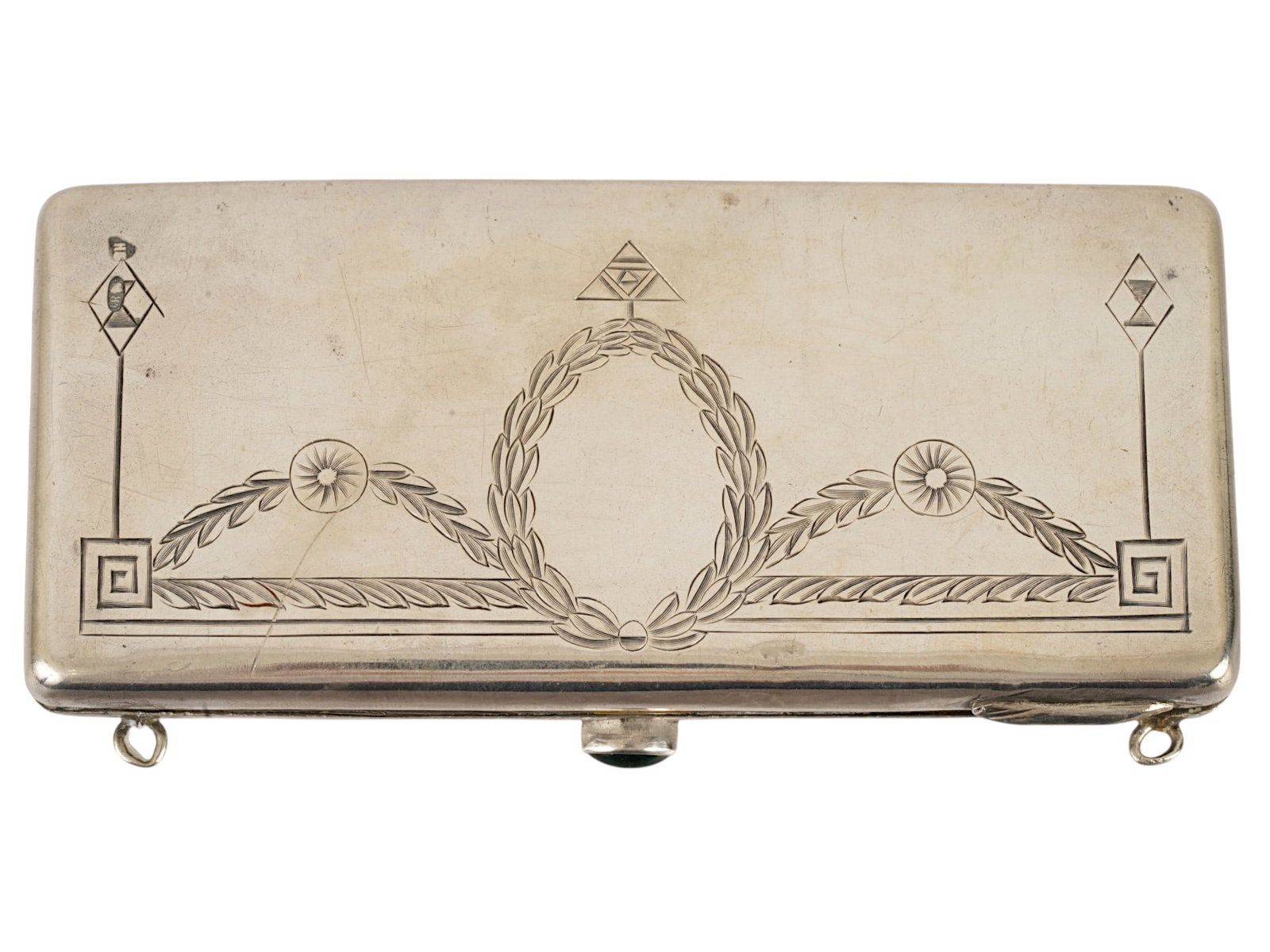 IMPERIAL RUSSIAN 84 SILVER PURSE W 14K GOLD 1917: An Imperial Russian silver purse or clutch with a 14k gold application. The purse is adorned with an etched foliage and wreath motif. Attached to the back of the purse is a gold plaque engraved with t