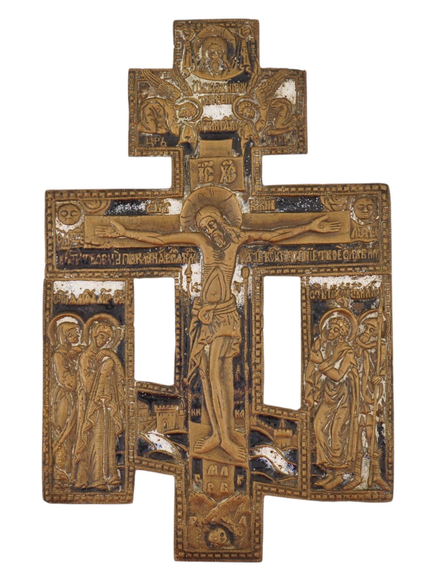 ANTIQUE RUSSIAN ORTHODOX ENAMELED BRONZE CROSS: An antique 19th-century Russian Orthodox bronze cross with relief depictions of the Crucifixion of Jesus, saints and angels. Cobalt blue enamel background. The backside is decorated with engraved flor