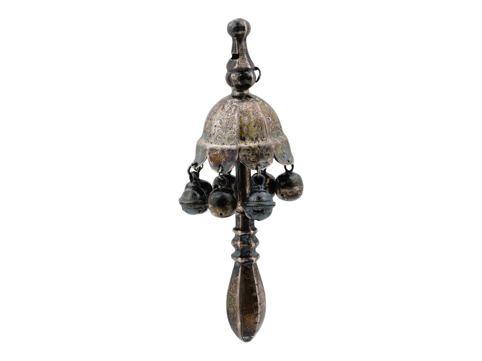 19TH CENTURY EMBOSSED SILVER CHILDS RATTLE WITH BELLS (1 of 7)