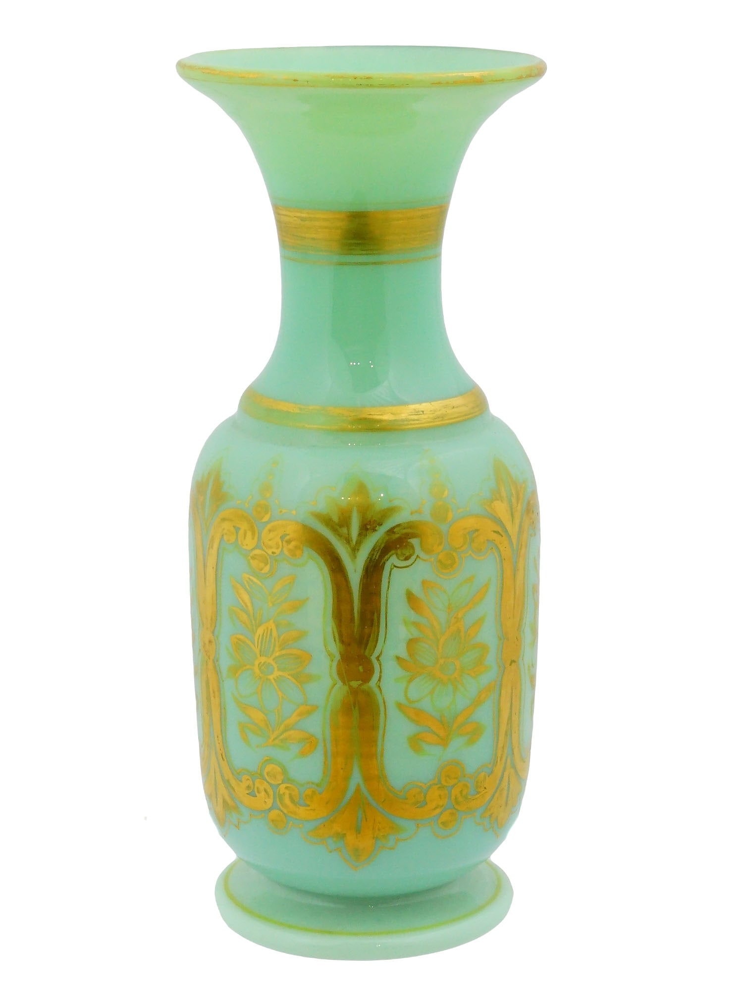 VINTAGE BOHEMIAN URANIUM LIGHT GREEN GLASS VASE: A vintage Bohemian uranium glass vase. The baluster-shaped vase with a narrow neck that widens significantly towards the top, made of light green uranium glass, decorated with a painted pattern in a