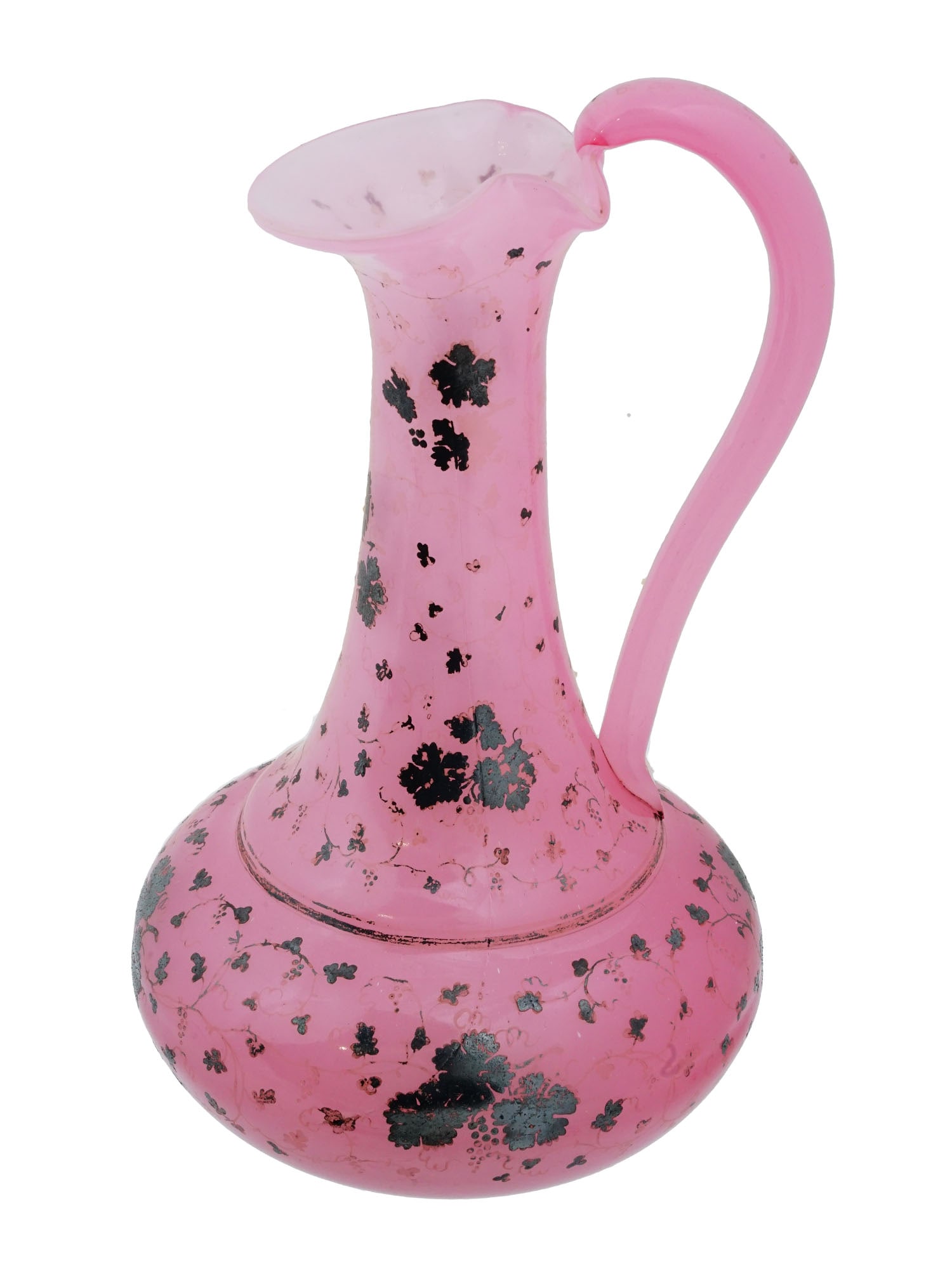 ANTIQUE PINK OPALINE GLASS PITCHER W SILVER OVERLAY: An antique, early 19th century pink opaline glass pitcher with silver overlay. The pitcher has a rounded, wide body, a very long neck that widens toward the top, and a wide spout. The body and neck ar