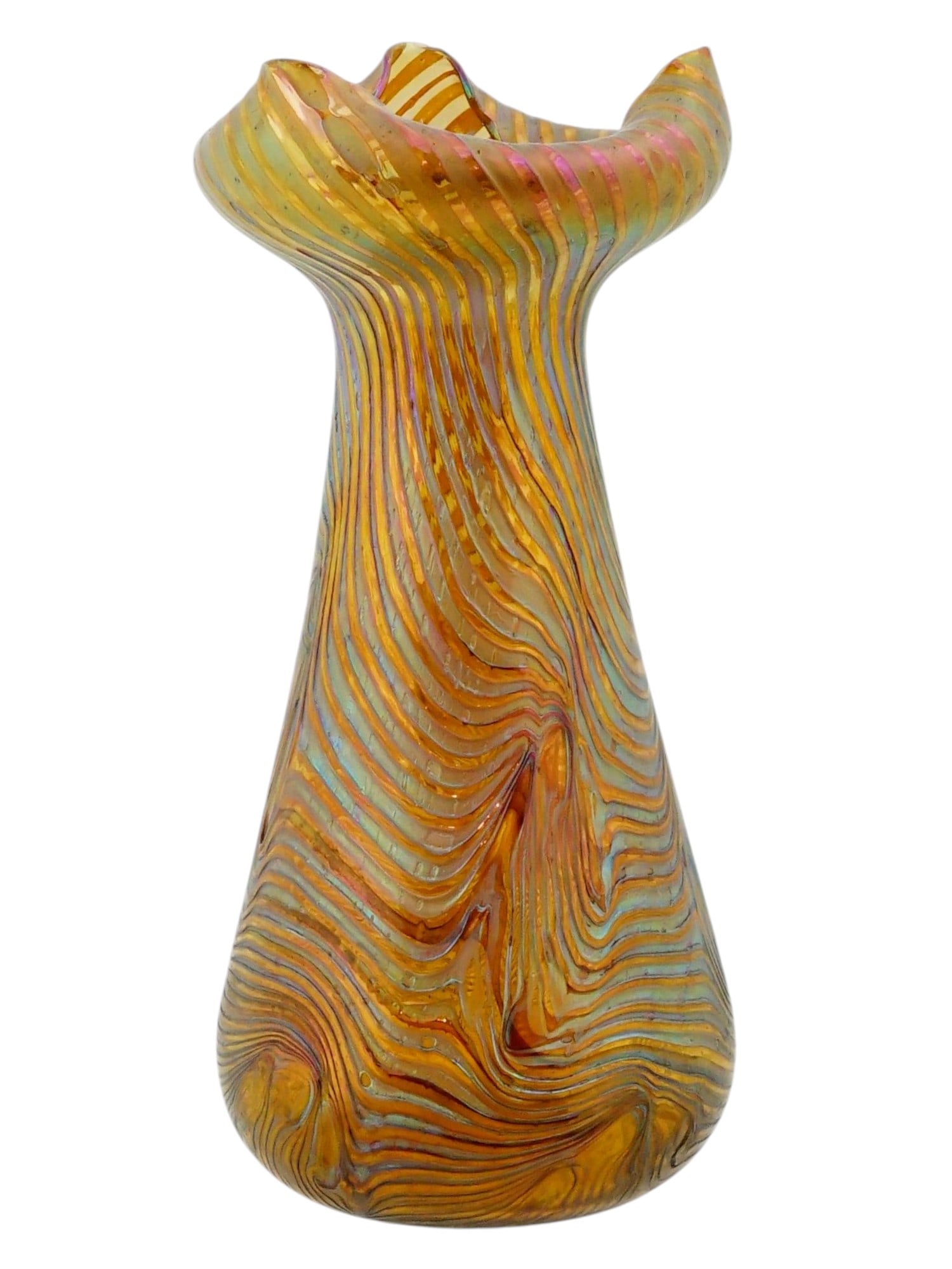 JOSEF RINDSKOPF SOHNE CORRUGATED GLASS VASE 1900: An Art Nouveau Bohemian hand blown art glass vase with a Corrugated design attributed to Josef Rindskopf and Sons and dated circa early 20th century. The elongated vase has a thick neck resembling thr