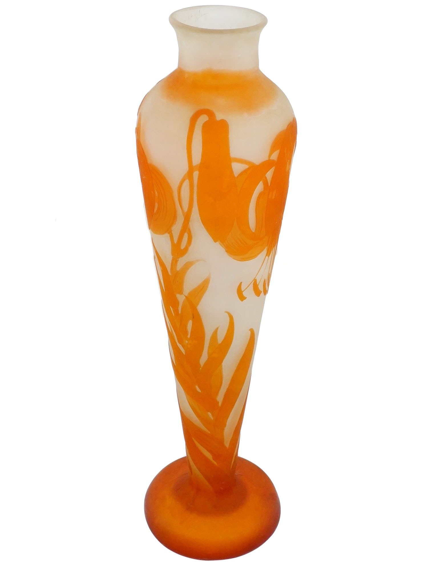 ART NOUVEAU GALLE ACID ETCHED FLORAL GLASS VASE: A tall Art Nouveau trumpet form vase crafted from multi layered cameo glass, featuring an intricate acid etched floral motif in vibrant orange and amber tones against a frosted translucent ground. The