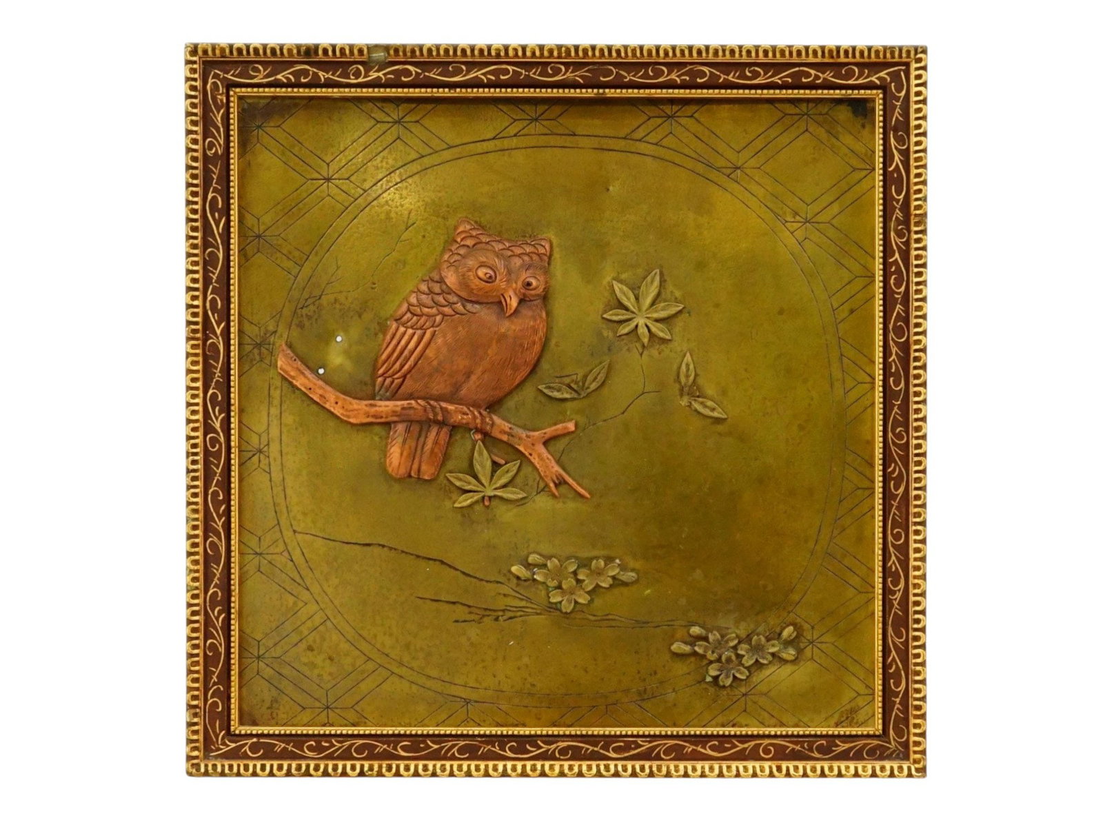 VINTAGE COPPER AND BRASS OWL WALL PLAQUE FRAMED (1 of 5)