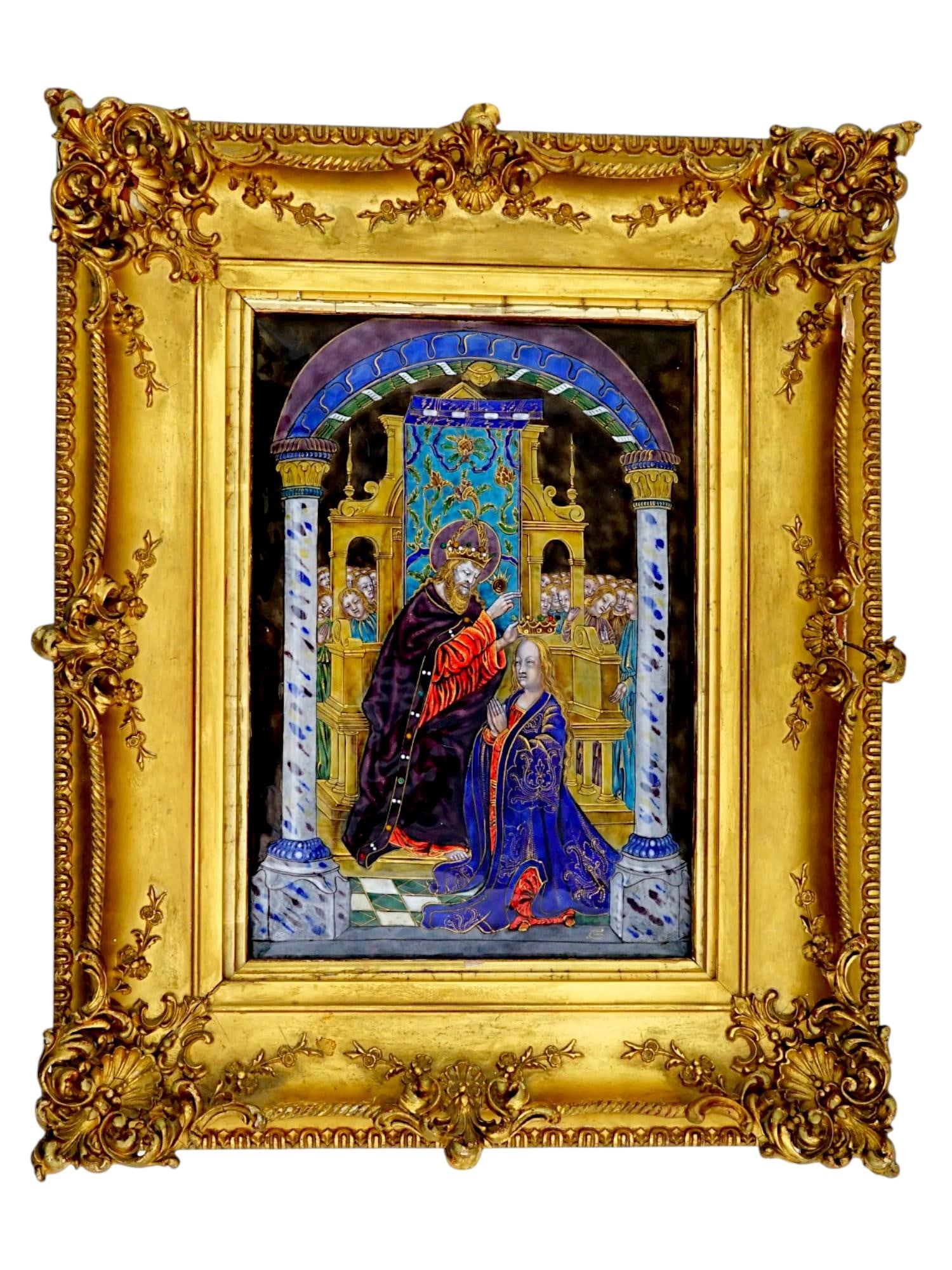 ANTIQUE LIMOGES RELIGIOUS POLYCHROME ENAMEL PLAQUE: An antique Limoges polychrome enamel plaque depicting a religious scene, the Coronation of the Virgin. The work is housed in a highly decorative giltwood frame with prominent foliate and scrollwork co
