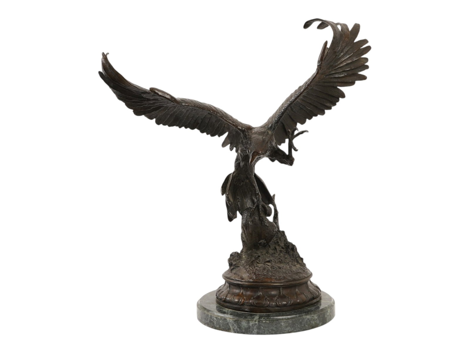 ANTIQUE BRONZE EAGLE SCULPTURE ATTR JULES MOIGNIEZ: An antique bronze sculpture of an eagle attributed to Jules Moigniez, 1835 to 1894 a French animalier sculptor who worked during the 19th century. Raised on the round marble base. Marked with the name