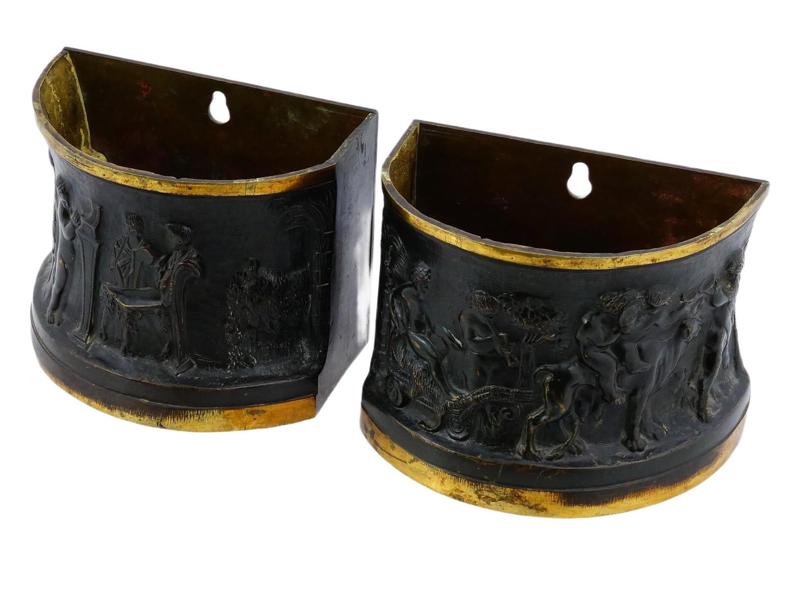 PAIR OF 19TH CEN NEOCLASSICAL METAL WALL POCKETS: A pair of 19th century wall pockets constructed from cast metal with a dark patinated finish. Each vessel features a semicircular profile adorned with a high relief frieze illustrating classical figur