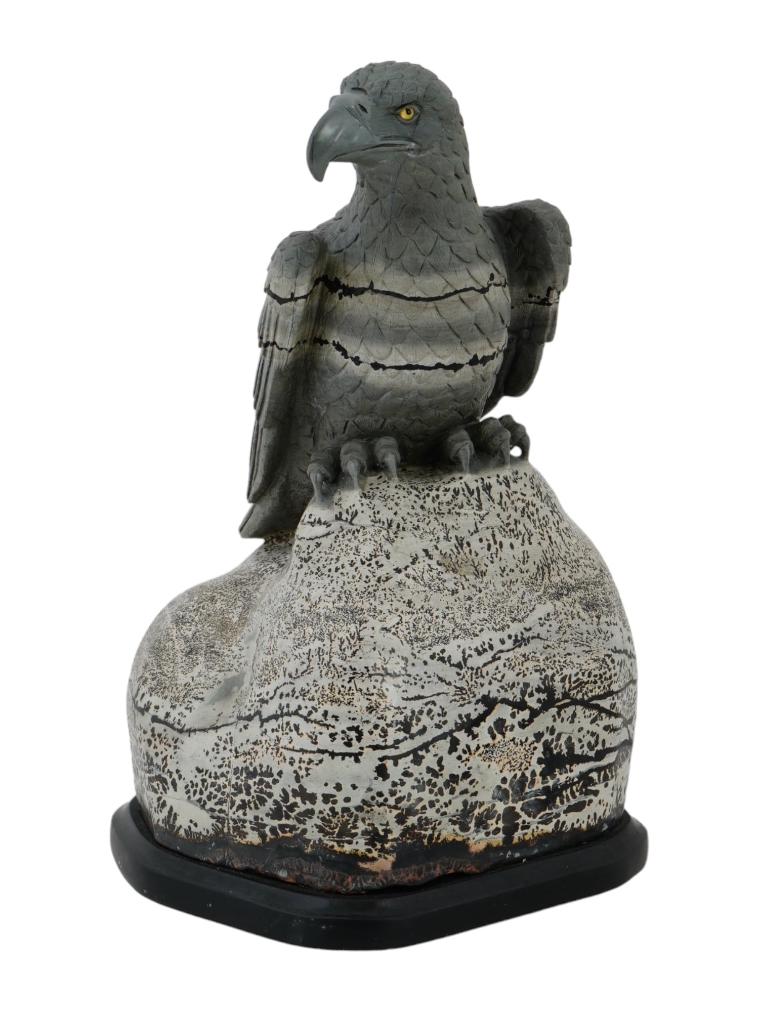HAND CARVED JASPER STONE EAGLE SCULPTURE BY NGAI: A vintage hand carved Jasper stone sculpture, Eagle on Alert, by W.K. Ngai. The sculpture depicts an eagle sitting on a boulder, eyeing on its prey. This highly graphic variety of jasper, known as Nat