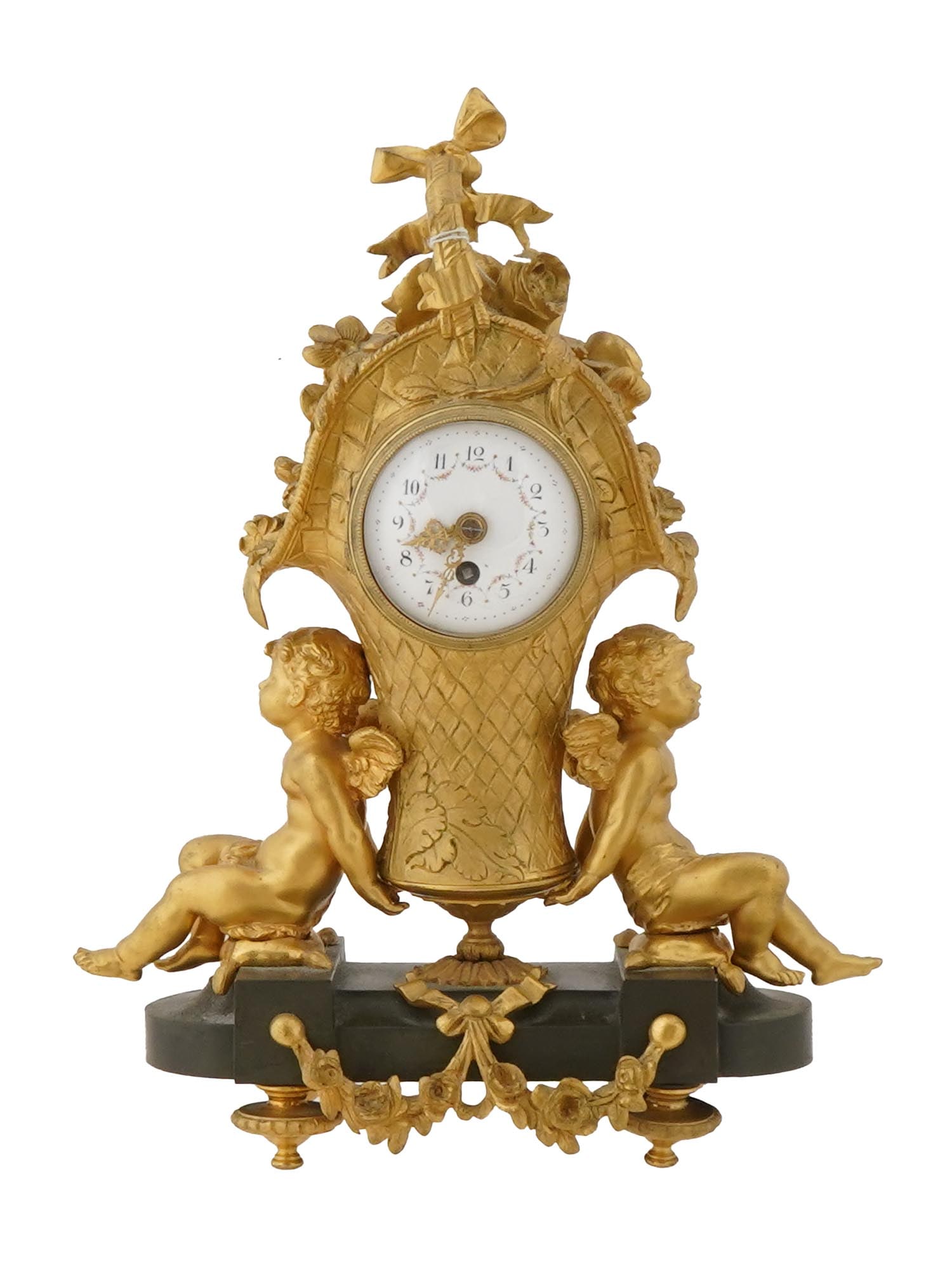 19TH C LOUIS XVI STYLE FIGURAL BRONZE MANTLE CLOCK: A 19th century Louis XVI style figural bronze mantel clock. The clock has an ormolu finish, a white enameled dial with Arabic numerals. Richly embellished with neoclassical ornaments, flower garlands