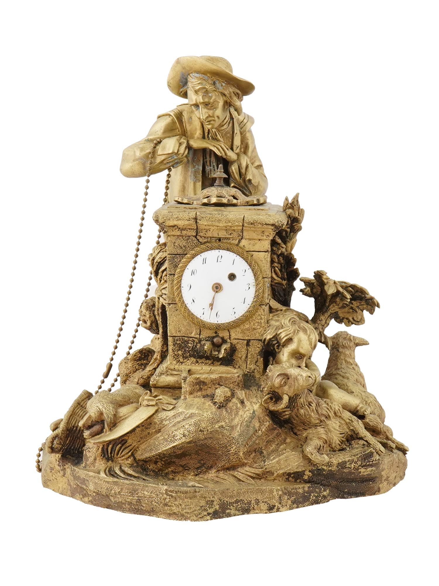 18TH C ENGLISH MOVEMENT SCULPTURAL BRONZE CLOCK: A 18th century English sculptural gilded bronze clock. The clock is decorated with a figural pastoral scene representing a standing man in a hat, a little boy playing with sheep, and a dog. Mounted