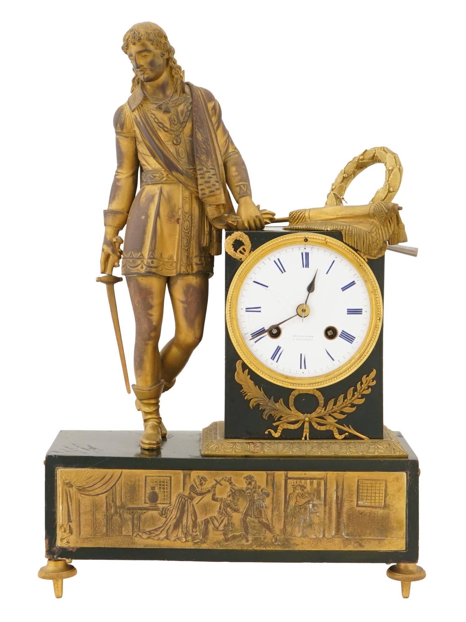 ANTIQUE FRENCH BRONZE MANTEL CLOCK BY STEVENARD: An antique French Neoclassical gilt bronze figural mantel clock by Pierre-Louis Stevenard, 1801 to 1883. Circa the early 19th century. The watch features a white enamel dial with Roman numerals,