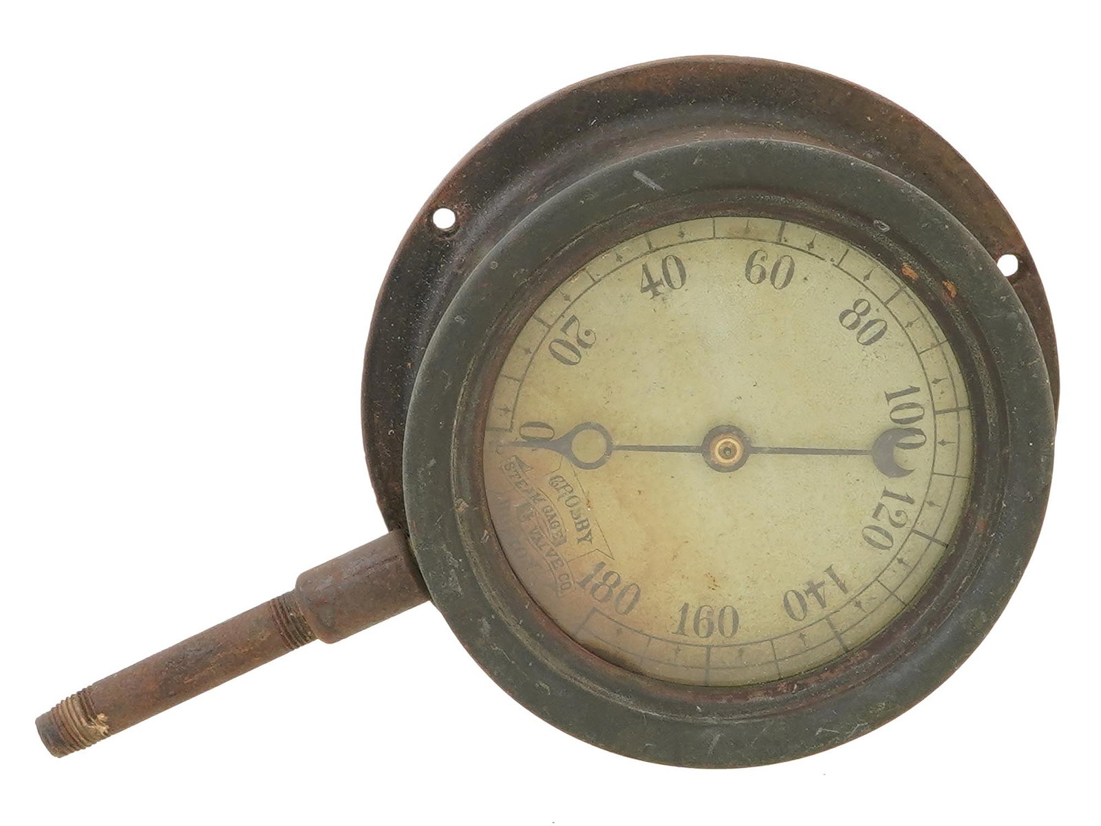 19TH CENTURY CROSBY VALVE CO AMERICAN PRESSURE GAUGE: A 19th century American Crosby brass pressure gauge. The gauge features a round face with a clear glass cover, showcasing an analog dial marked with calibrated pressure readings. The needle is
