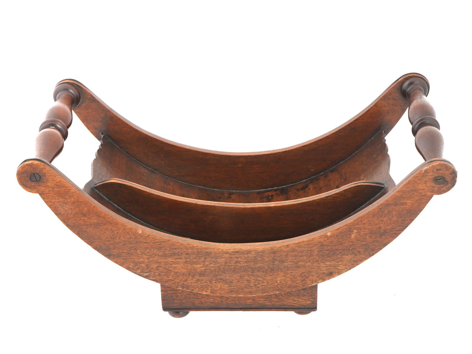 ANTIQUE 18TH C ENGLISH MAHOGANY WOOD CHEESE RUNNER: An antique 18th century, English mahogany wood cheese runner, circa 1790. It has a curved shape with two handles on either side and two divisions for wheels of cheese. Used for display cheeses. Comes