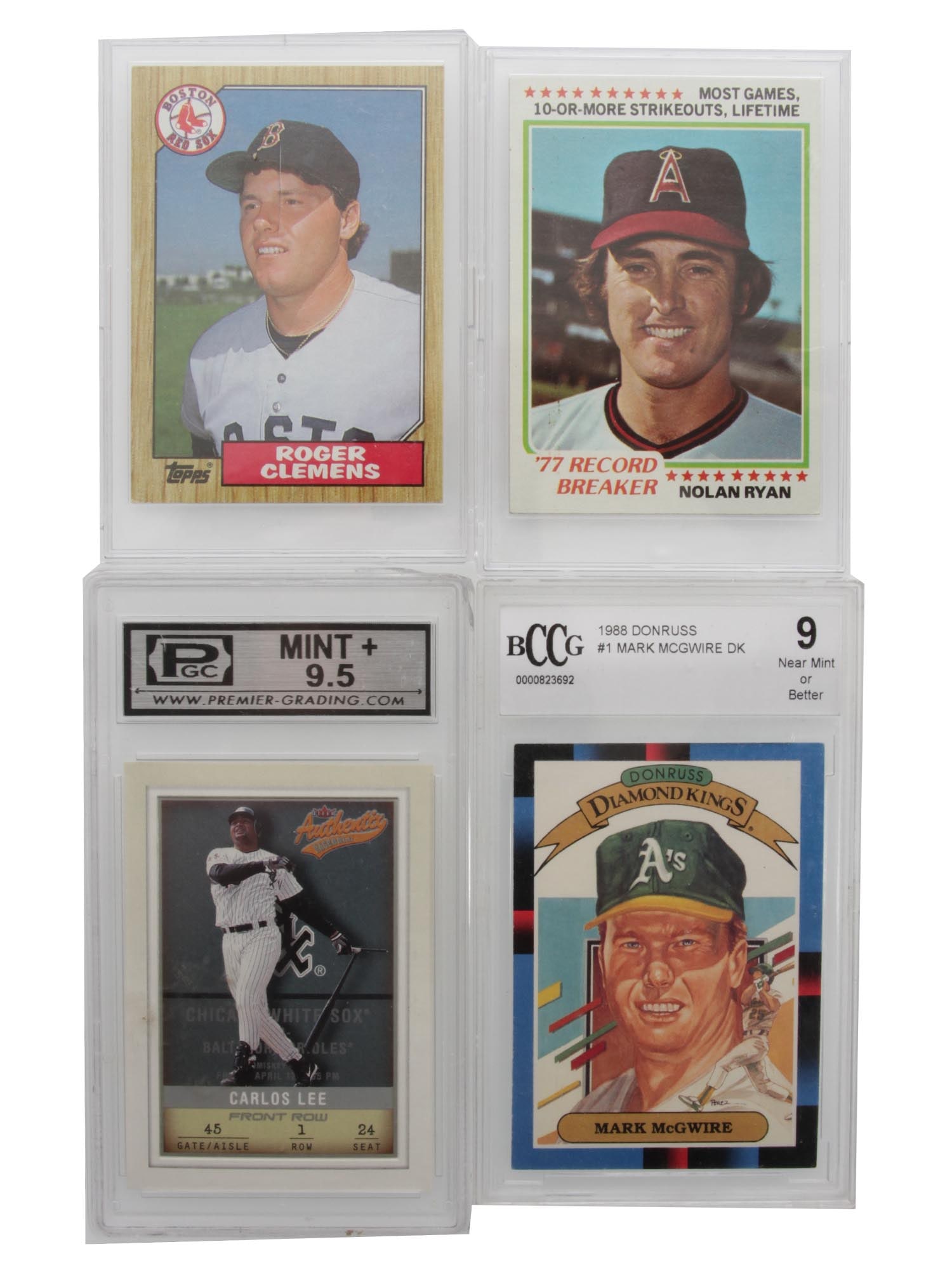 A LOT OF FOUR COLLECTABLE BASEBALL CARDS: A set of four vintage collectible baseball cards with The '77 Record Breaker Nolan Ryan, Roger Clemens, Carlos Lee and Mark McGwire. The cards are presented in special protectors. THIS LOT IS ELIGIBLE