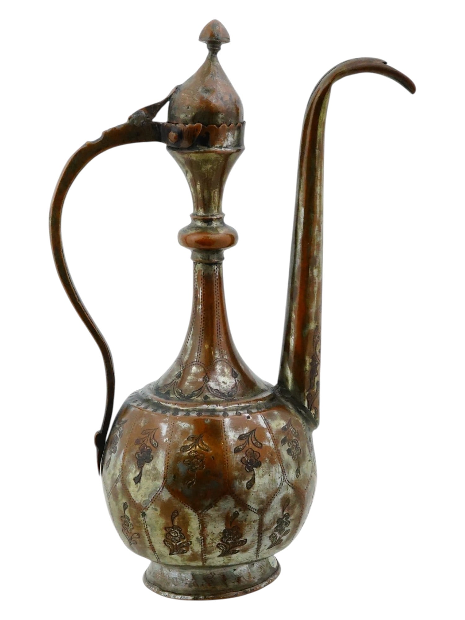 ANTIQUE ISLAMIC COPPER EWER AFTABA WITH A CURVED SPOUT: An antique Islamic copper ewer aftaba with a tinned surface and curved spout. The vessel is decorated with hand-chased floral and geometric motifs and retains its hinged domed lid. Antique Middle East