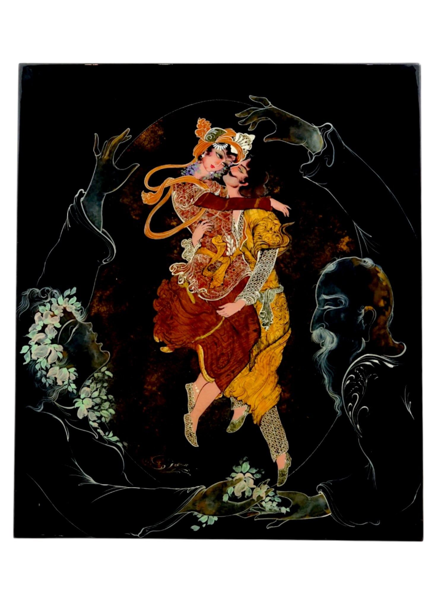 VINTAGE PERSIAN WOODEN WALL PANEL WITH PAINTING: A vintage Persian wooden wall panel with painting. The artwork depicts a love scene of two lovers embracing against a dark background. Partially inlaid with marquetry. Arabic Islamic Oriental Graphic 