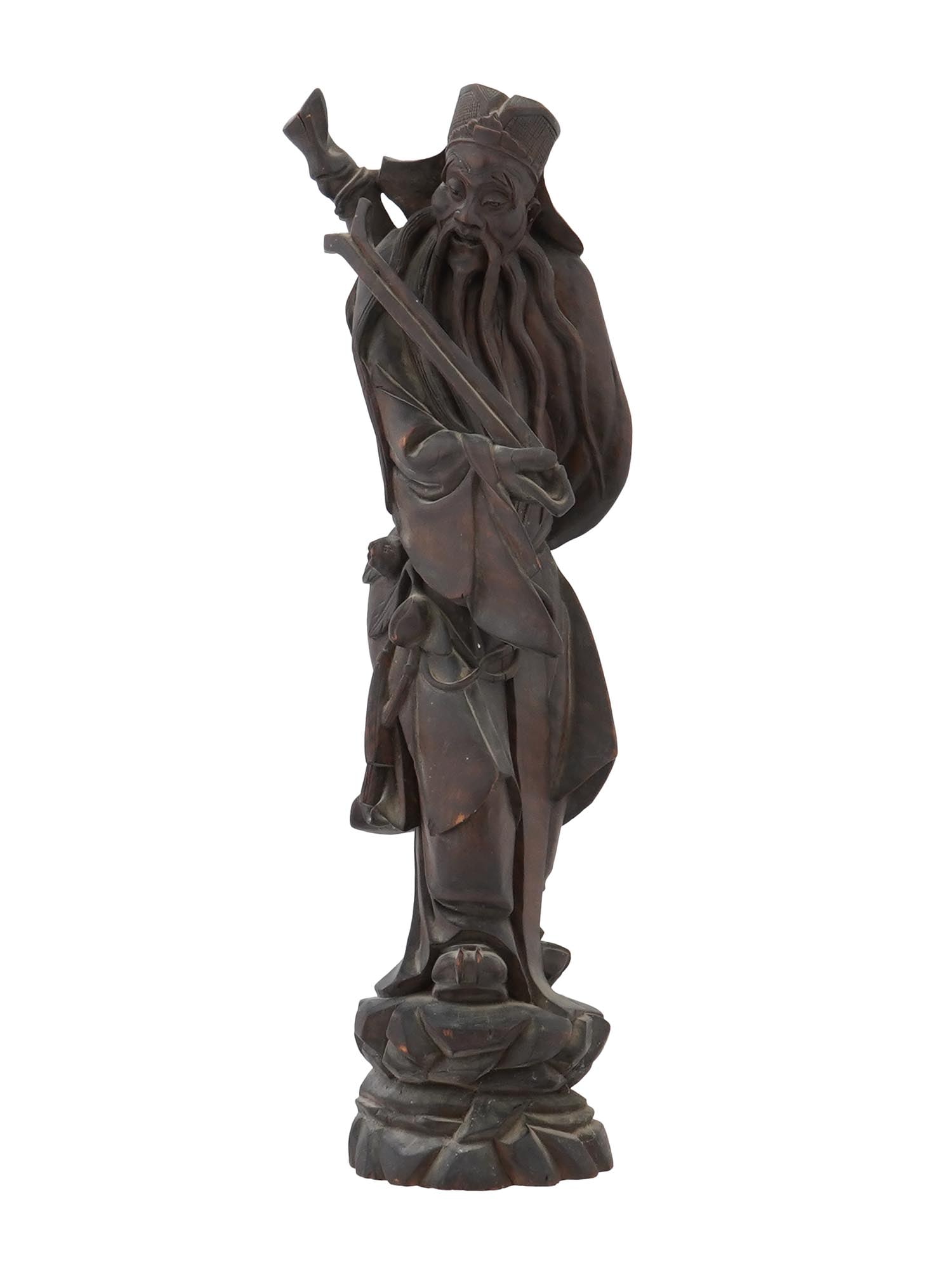 CHINESE HAND CARVED WOODEN SCULPTURE OF SHOU XING: A Chinese hand carved wooden figure representing the Old Man of the South Pole, or Shouxing, symbol of happiness and longevity. He is portrayed with long hair and beard, a protruding forehead. Mounted