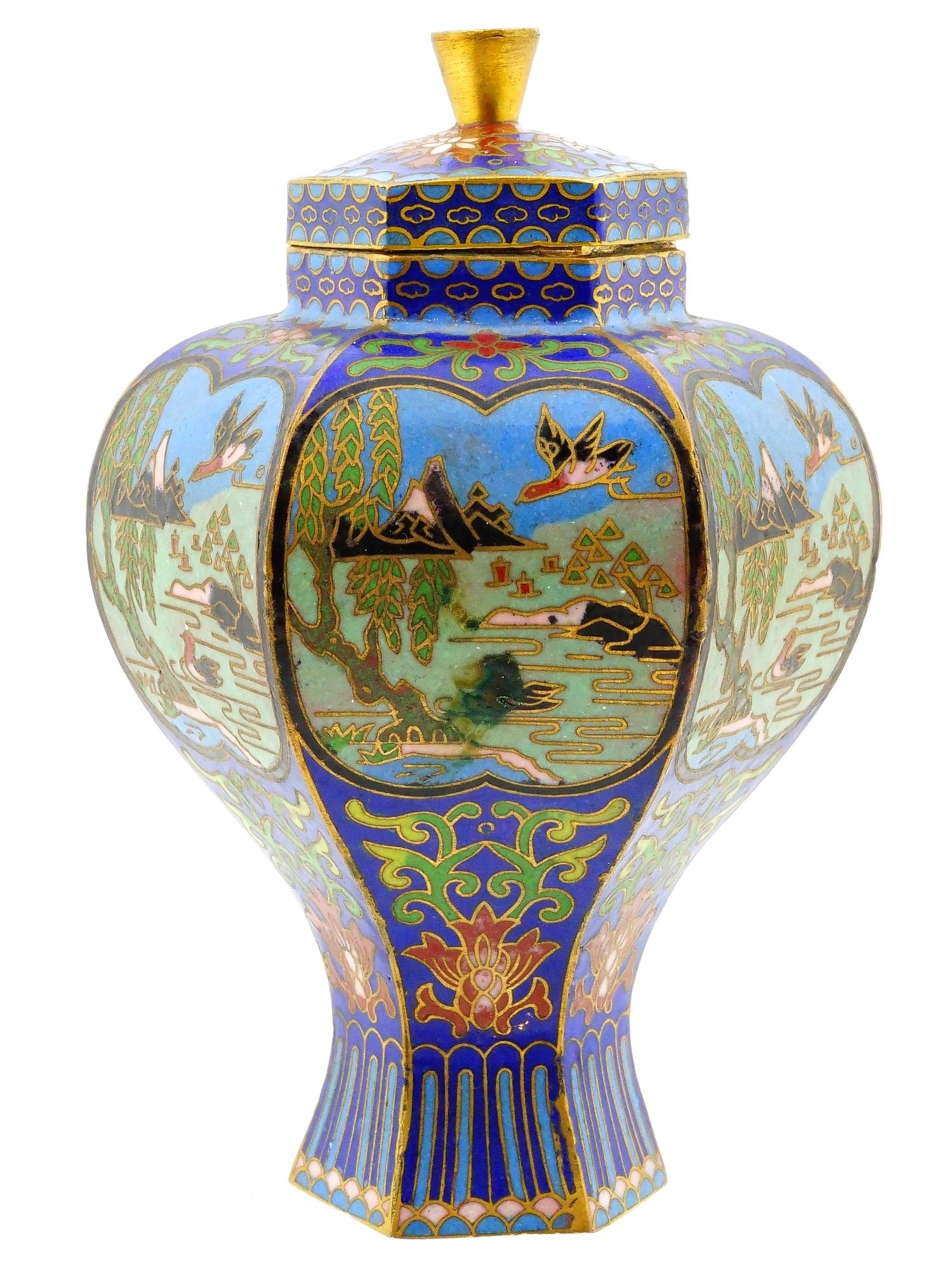 CHINESE CLOISONNE ENAMEL HEXAGONAL LIDDED VASE (1 of 6)