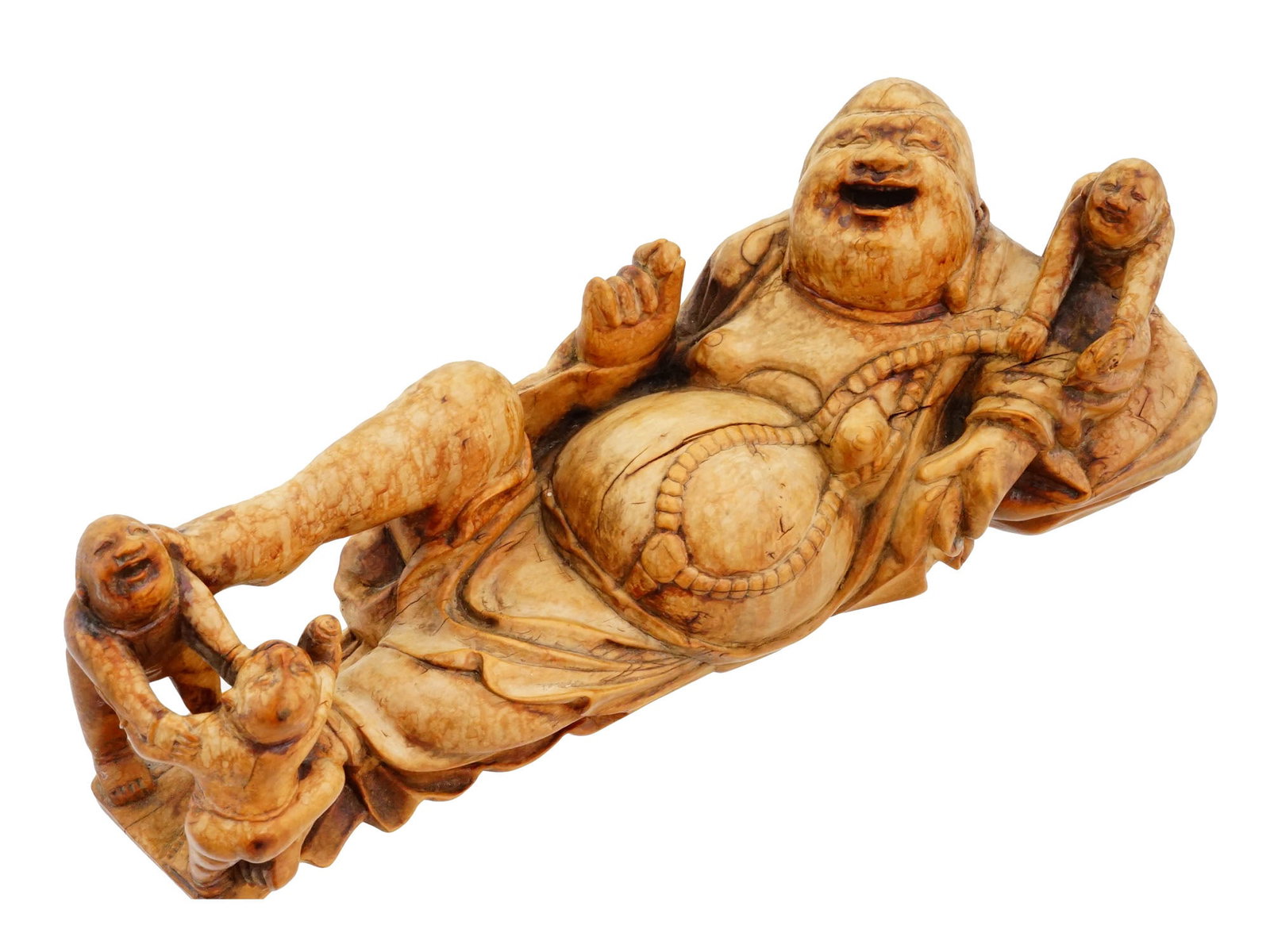CHINESE CARVED WOODEN LAUGHING BUDDHA FIGURINE (1 of 7)