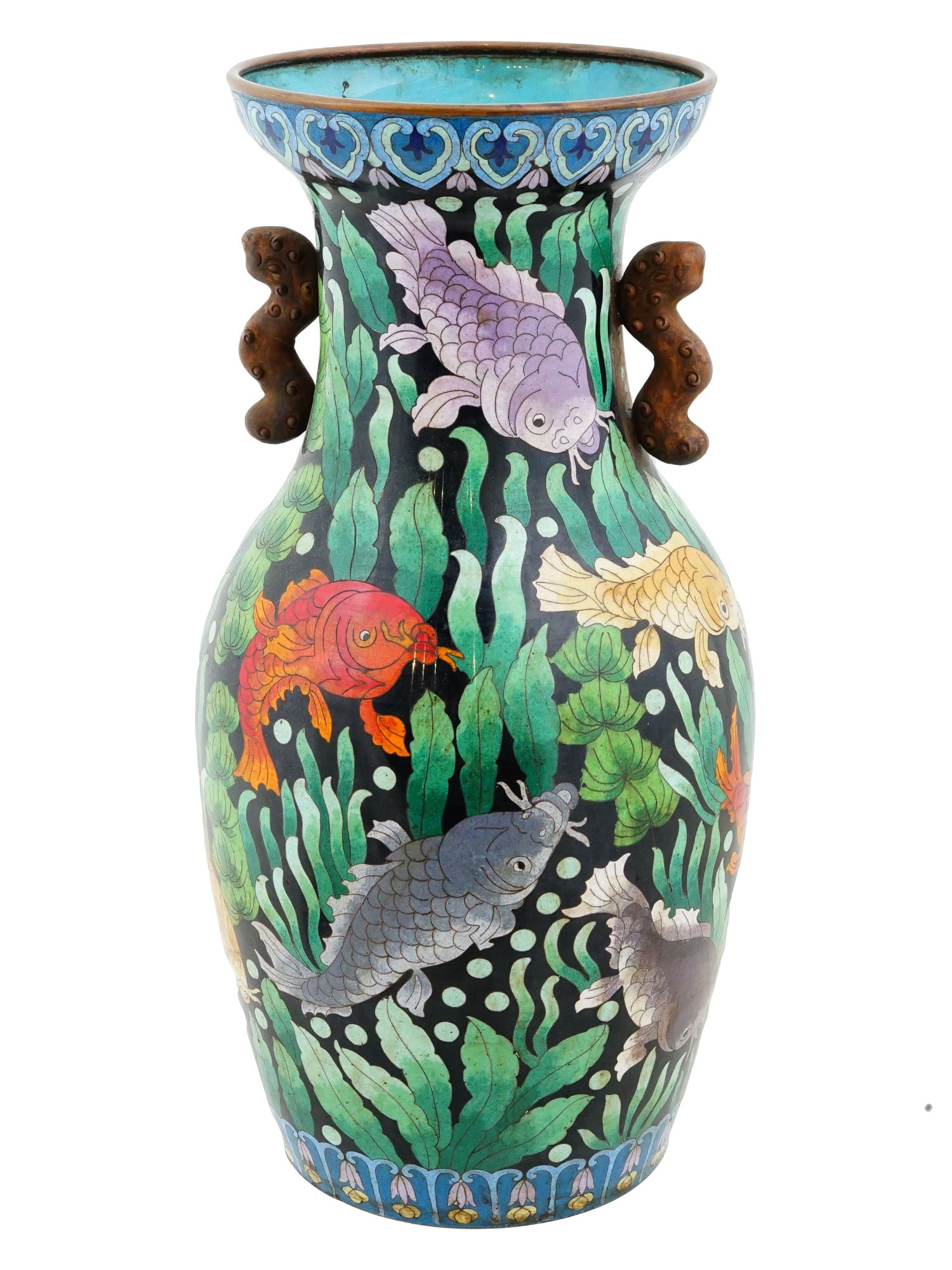 ANTIQUE CHINESE QING CLOISONNE ENAMEL CATFISH VASE: An antique Chinese copper vase with polychrome cloisonne enamel design. Late Qing era, before 1912. Baluster shape, wide neck, figurative side handles. Catfish and seaweed decor. Unmarked. Collectible