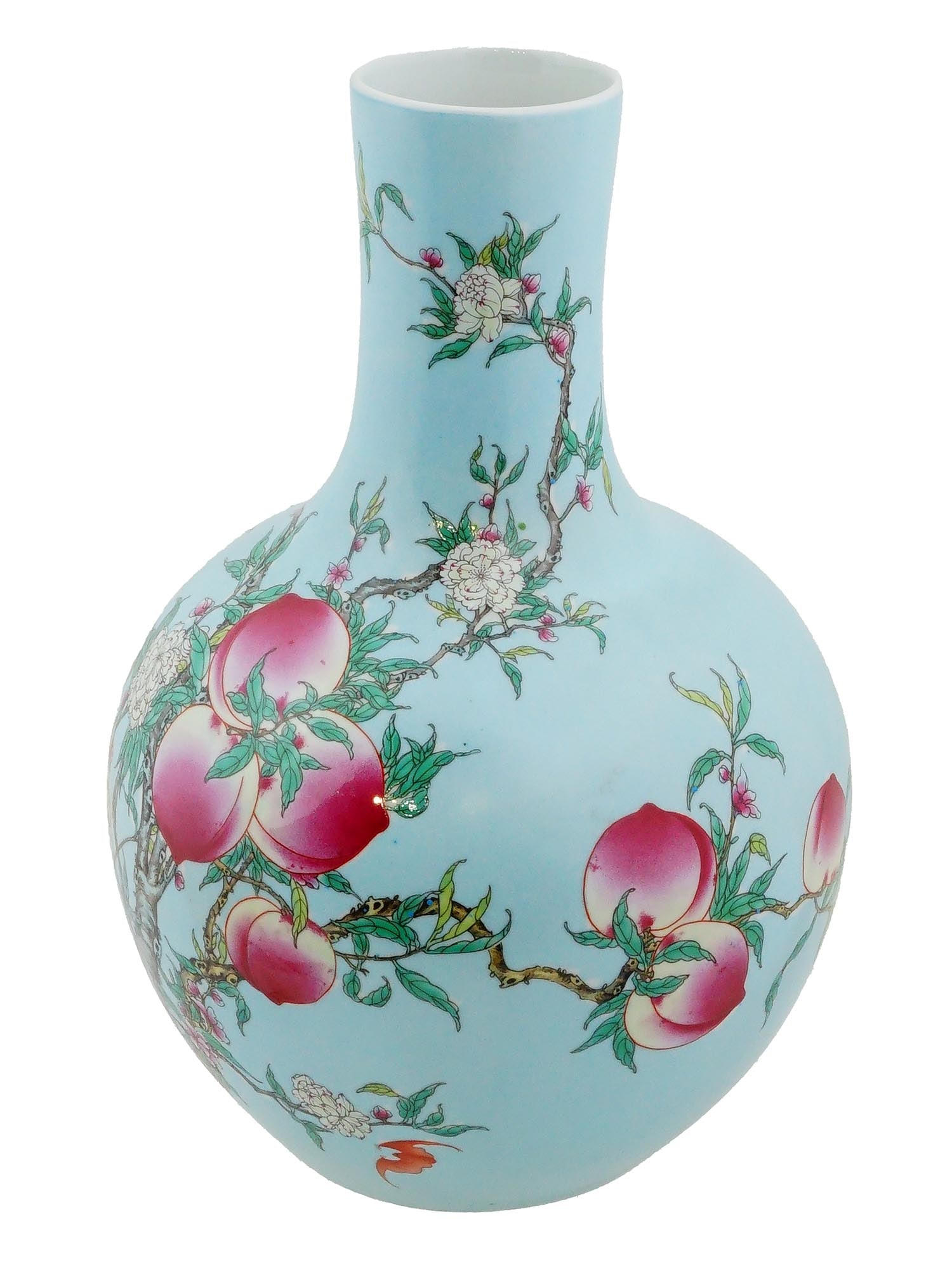 ANTIQUE CHINESE QING FAMILLE ROSE PORCELAIN VASE: An antique Chinese Late Qing Dynasty Famille Rose enamel porcelain vase. The globular shaped vase is adorned with a polychrome enamel design representing branches with peaches and blossoming flowers, 