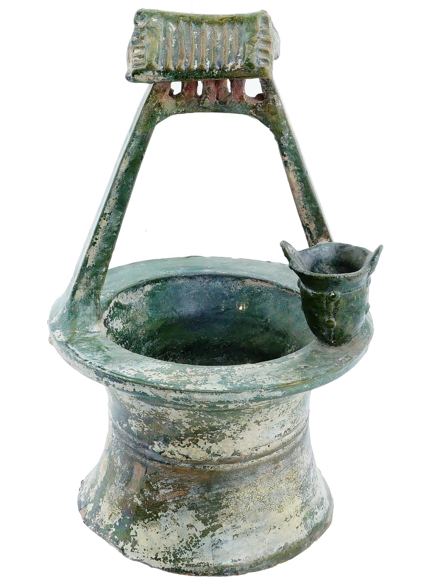 CHINESE HAN DYNASTY GREEN GLAZED FIGURE OF A WELL: A Chinese green glazed model of a well used in Han Dynasty. This miniature figure is a well for use in the afterlife, a common provision in Han Dynasty tombs. It features an A frame structure supporti