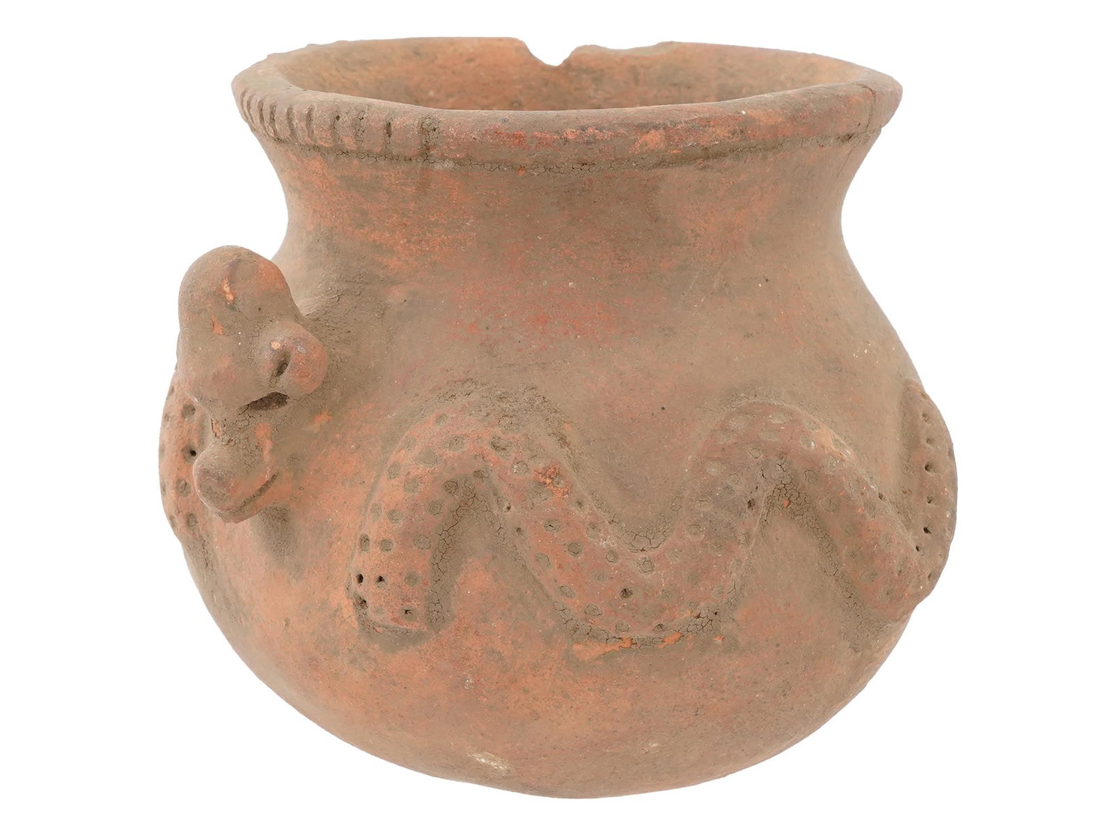ANCIENT MESOAMERICAN PRE COLUMBIAN TERRACOTTA VASE: An ancient Mesoamerican Pre-Columbian terracotta vase with a reddish-brown color, adorned with a raised, stylized serpent motif around its body, featuring small perforations along the snakes form, and