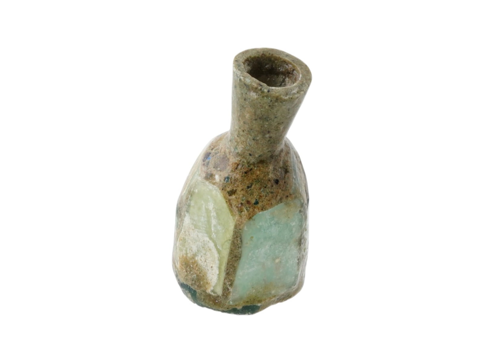 ANCIENT ROMAN EMPIRE GLASS BOTTLE: An Ancient Roman glass bottle. Imperial Rome era, ca. 100 AD. Intended for perfume or oils. Collectible Archaeological Finds And Relics, Roman Glassware. THIS LOT IS ELIGIBLE FOR A 30-DAY UNCONDITIONA