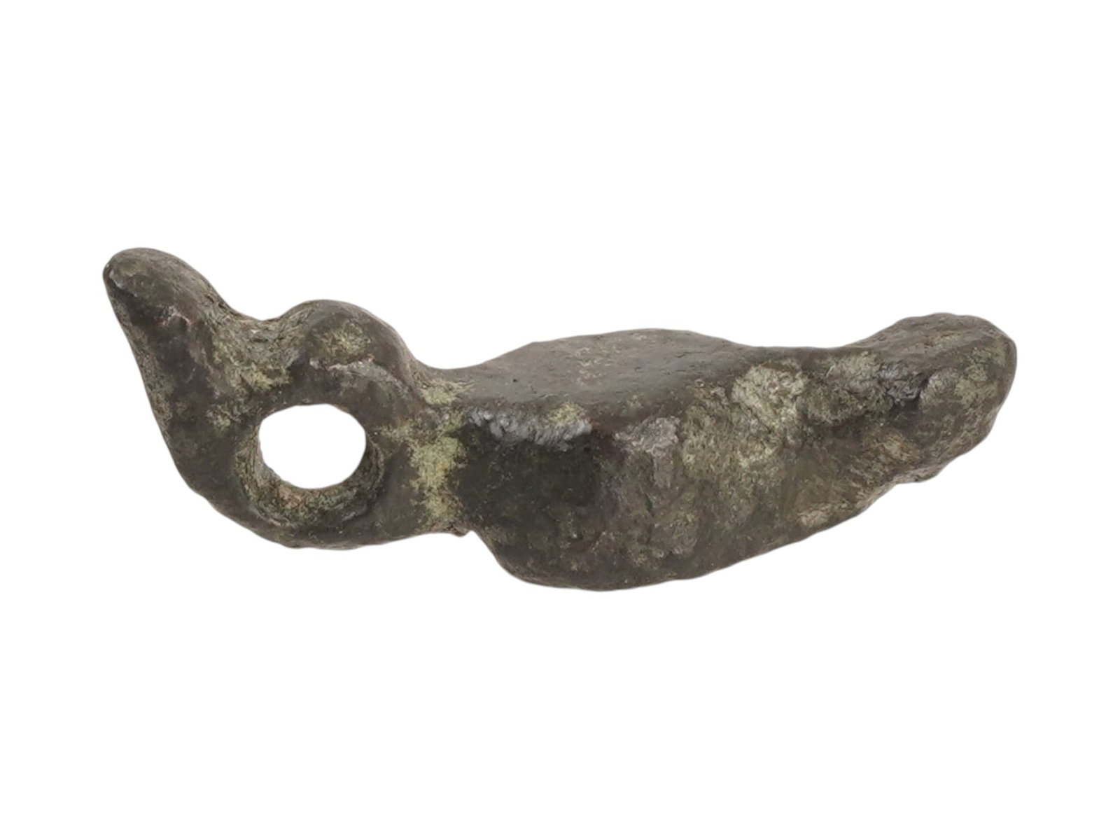 RARE ANCIENT ROMAN BRONZE OIL LAMP PENDANT: A rare ancient Roman bronze pendant. Circa 100 to 300 AD. The pendant is modeled in the shape of an oil lamp with a round hole in the handle. Historical Relics And Archaeological Finds, Metalworks And