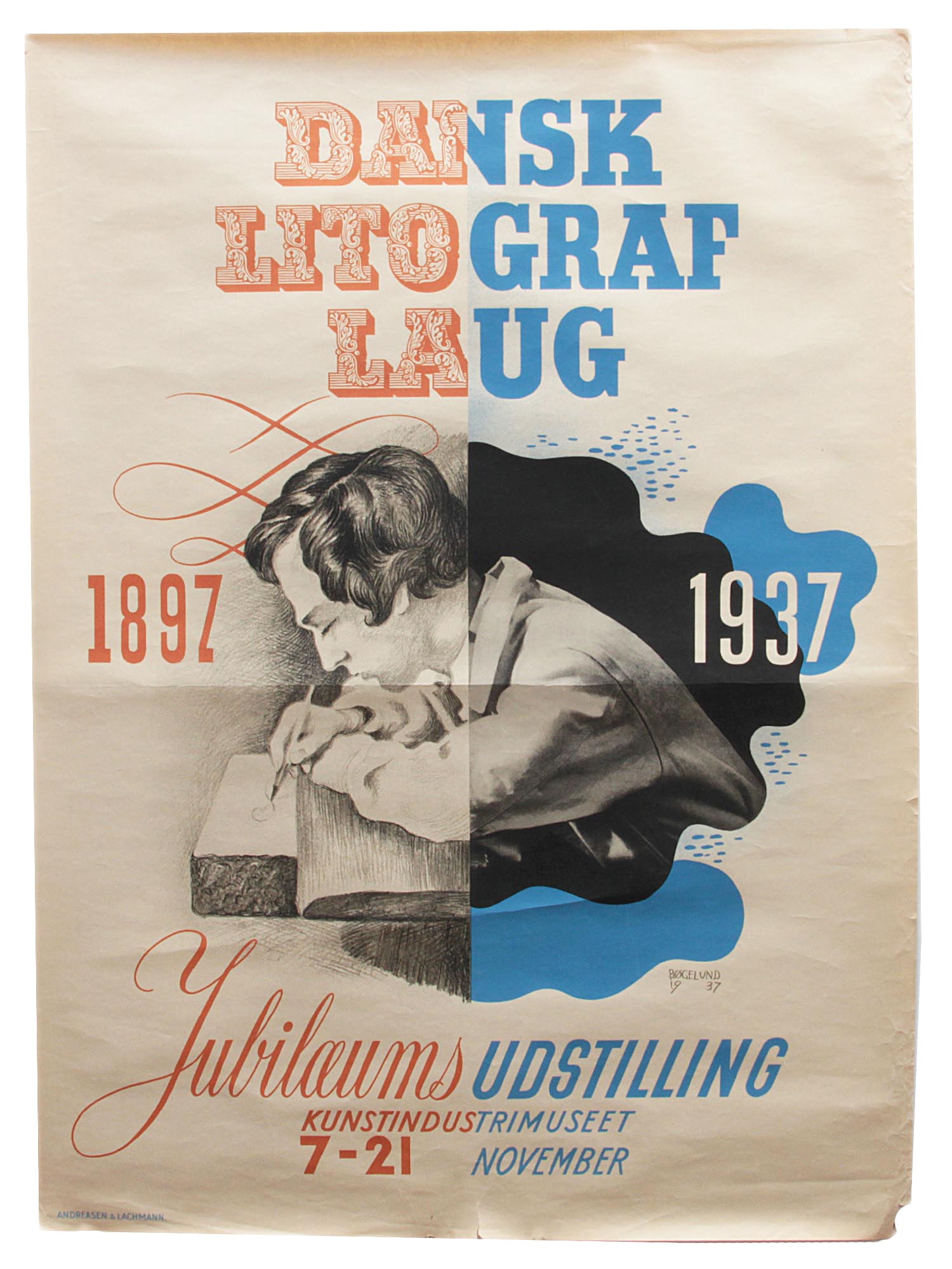 A RARE ORIGINAL DANISH EXHIBITION POSTER: An exhibition poster from the Danish Lithograph Laug's 40th anniversary exhibit at the Museum of Fine Arts in Copenhagen. Designed by Thor Bøgelund. Published by Andreasen and Lachmann.Thor Bøgelund