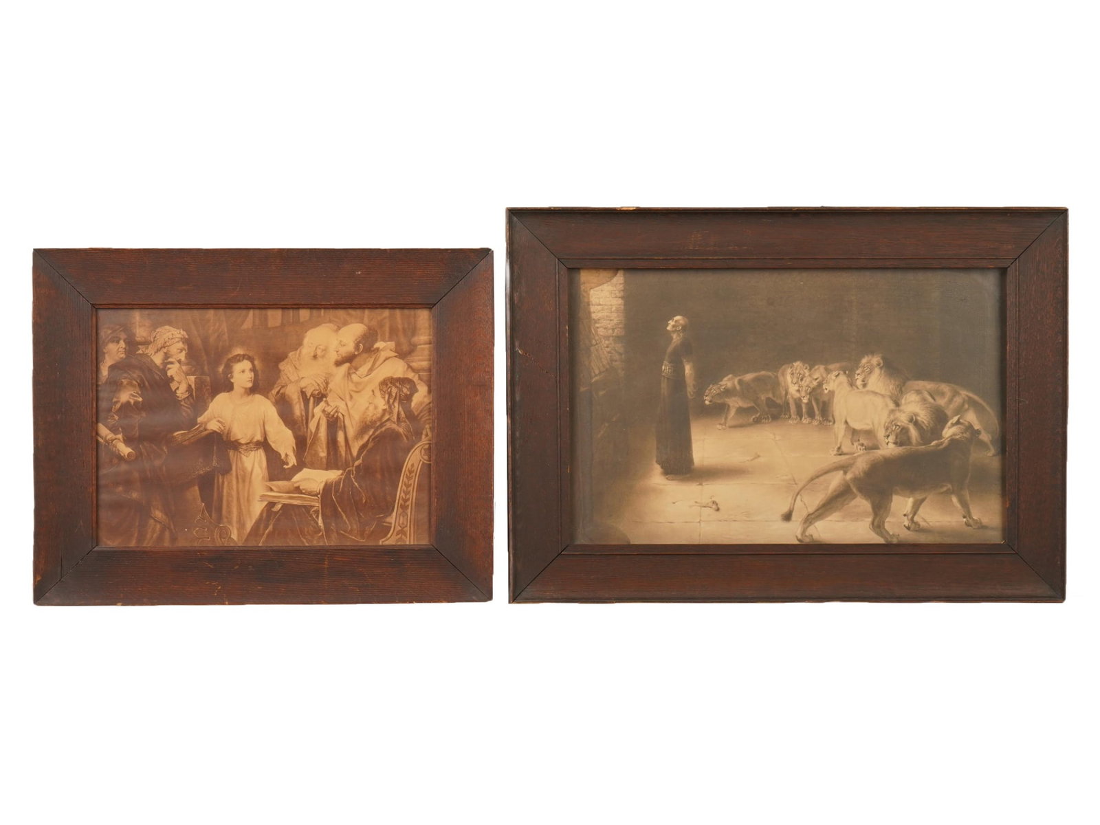 LOT OF TWO ANTIQUE LITHOGRAPHS FRAMED: A lot of two antique sepia lithographs on paper. The first lithograph titled Daniels Answer to the King after the original painting by Brighton Riviera, 1890. The second lithograph titled Jesus the Ch