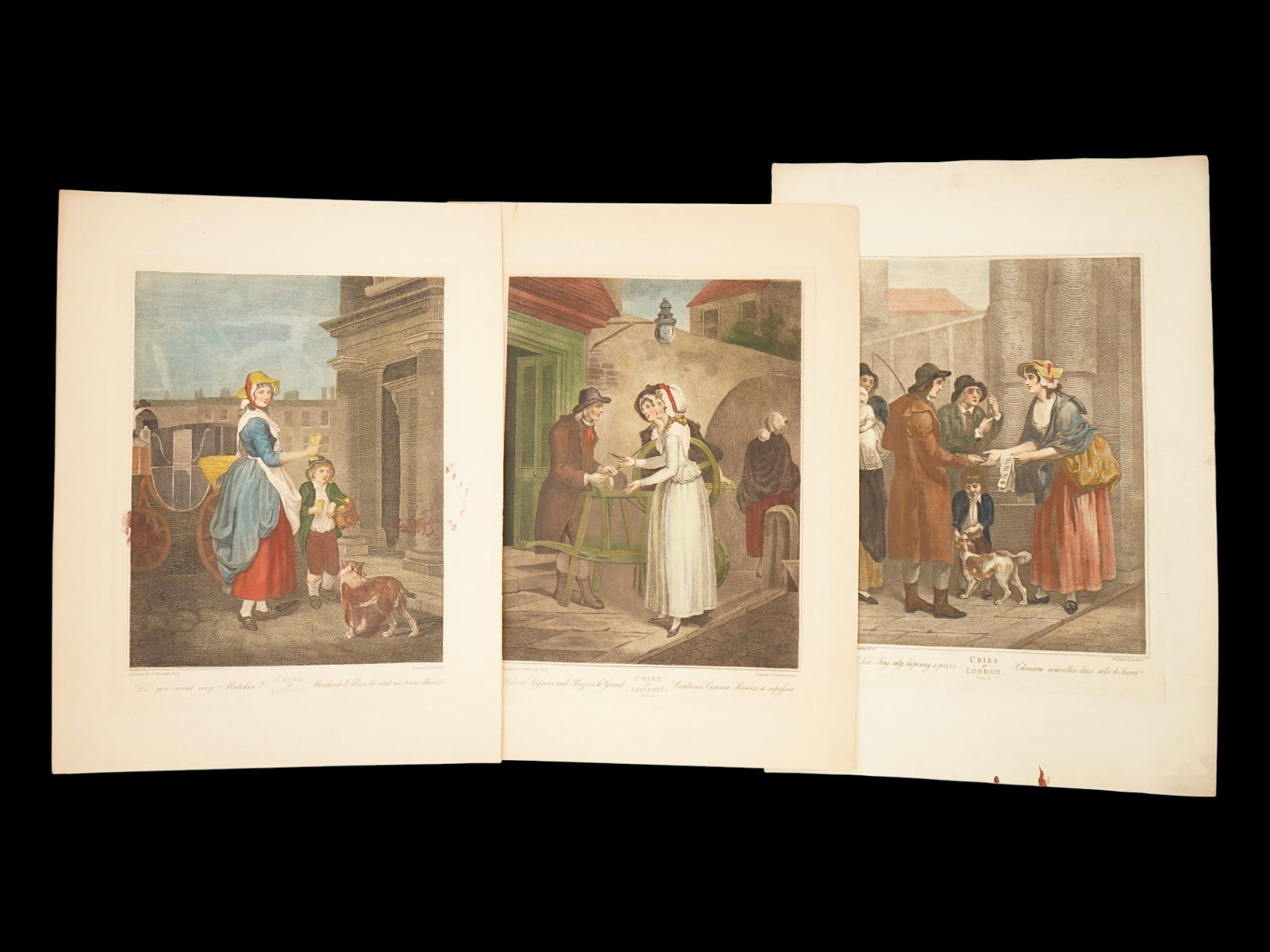 AFTER FRANCIS WHEATLEY CRIES OF LONDON LITHOGRAPHS: After Francis Wheatley, English, 1747 to 1801, a lot of 3 color lithographs on paper. From the Cries of London series, twelve scenes of London street vendors created in the 1790s. French reproductions