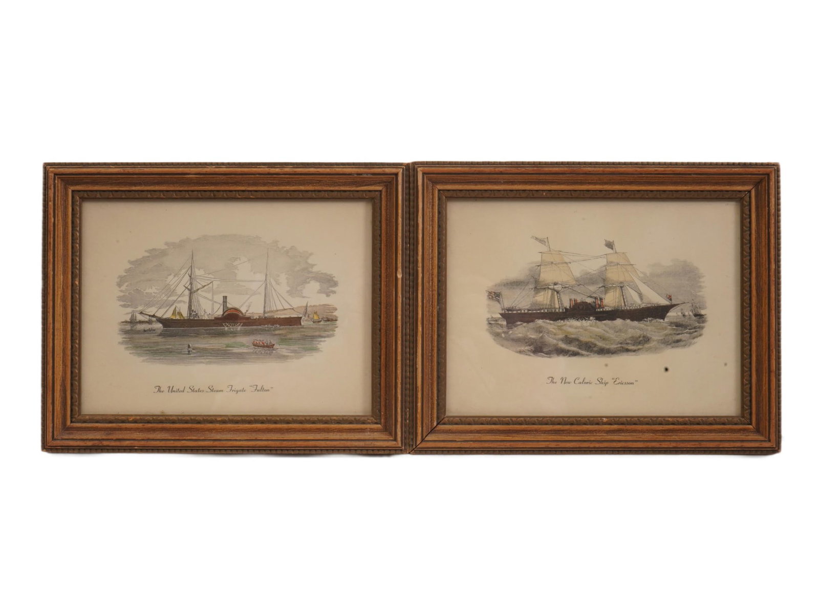 ANTIQUE AMERICAN HAND COLORED ENGRAVINGS OF STEAMSHIPS: A pair of antique, hand-colored aquatint engravings dating to the mid-19th century, each depicting an iconic steamship from the dawn of American naval and transatlantic steam power. The left print fea