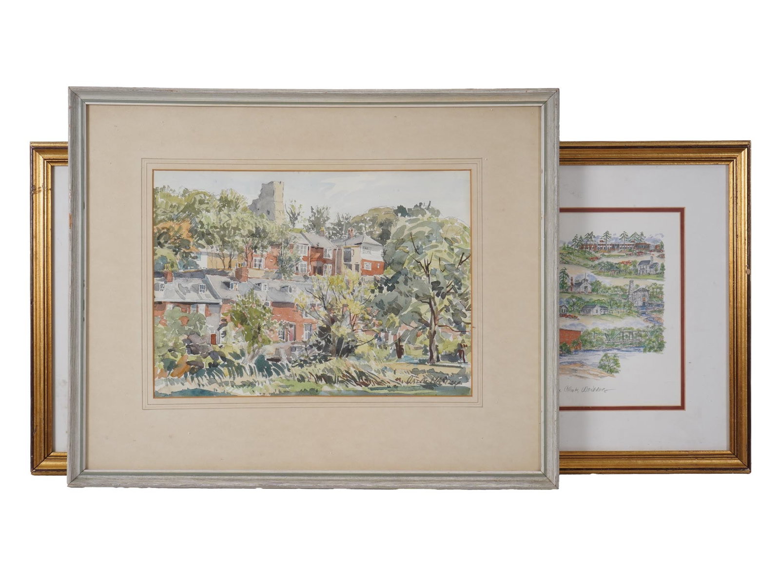 WATERCOLOR PAINTING AND RICHMOND ILLUSTRATION PRINT: One original watercolor painting on paper and one illustration print. The watercolor presents a landscape scene with houses and trees rendered in soft tonal washes and signed by the artist. The accomp